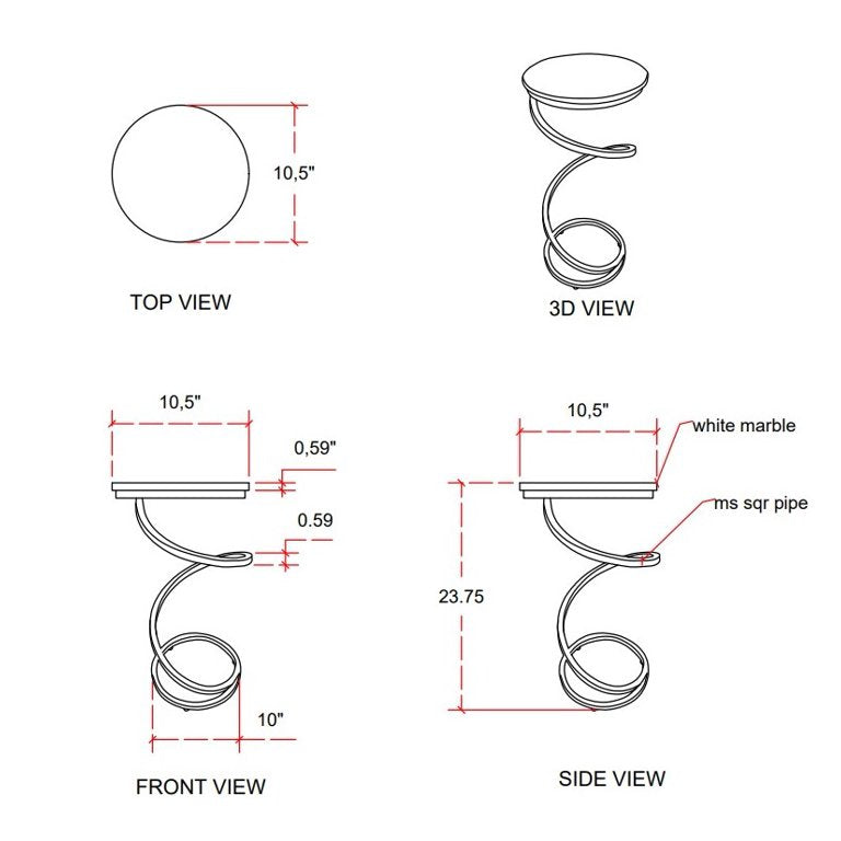Modern Round Spiral Base Drink Table, Silver with Black Granite Top