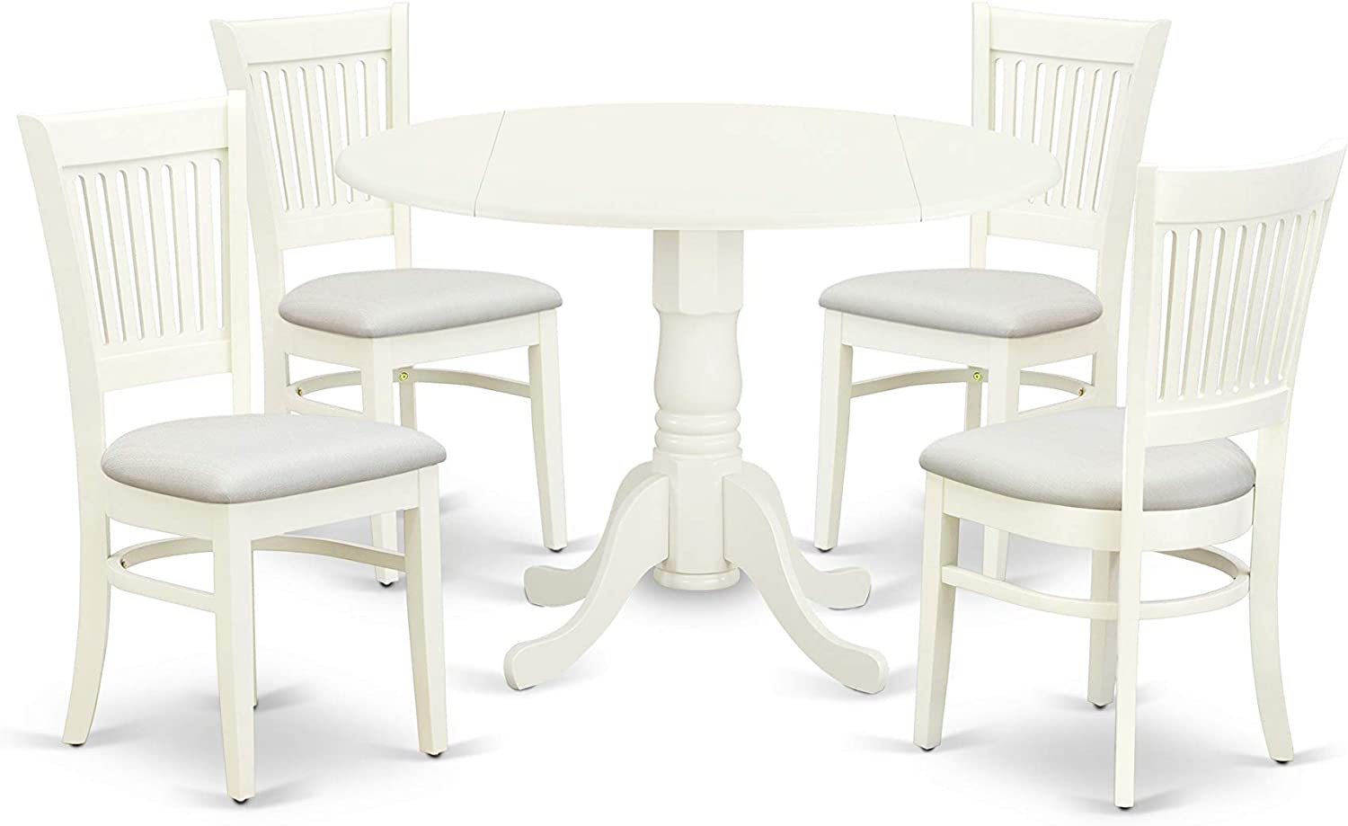 5 Pc White Round 42" Drop Leaf Kitchen Dinette Dining Table and 4 Padded Chairs