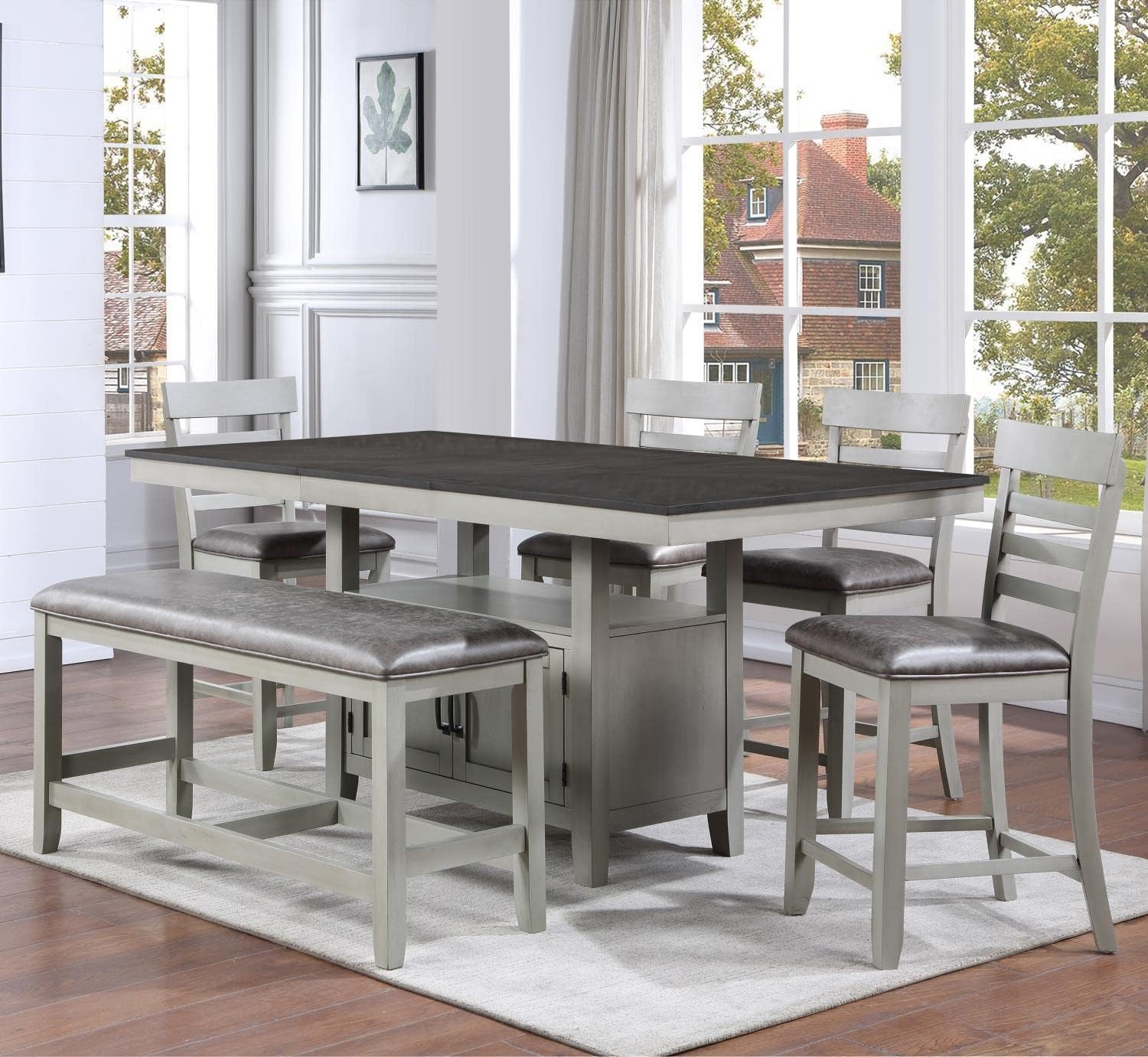 Rustic Counter Height Stone Gray and Charcoal Wood 6-Piece Dining Set