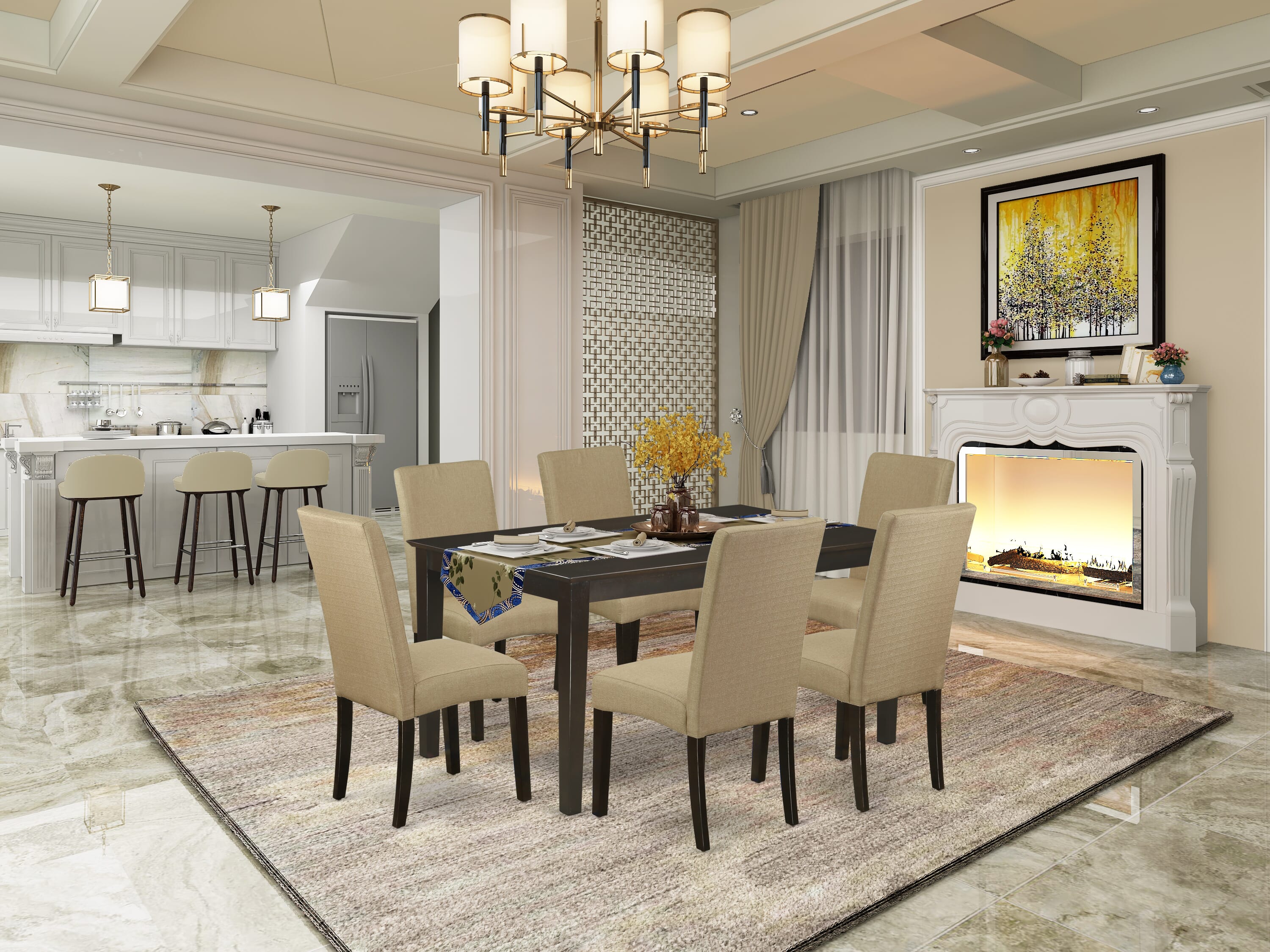 7Pc Cappuccino 60" Rectangular Dining Room Table and Parson Chairs Set