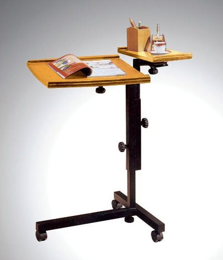 Oak finish wood laptop caddy adjustable stand with casters