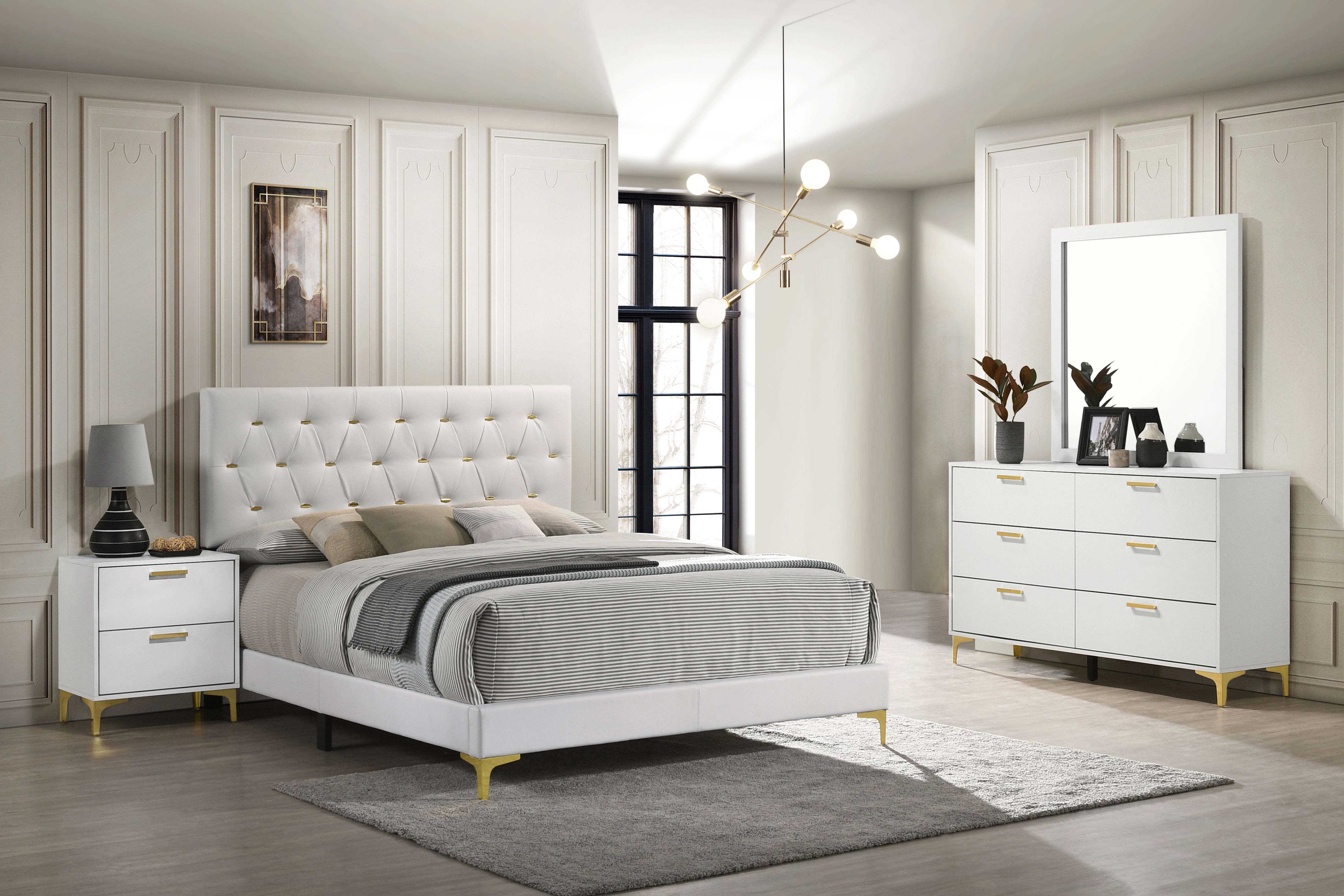 Kendall Modern Glam 4 PC Eastern King Upholstered Panel Bedroom Set in White