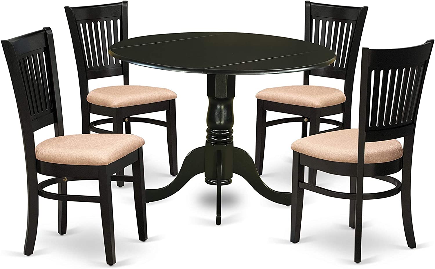 DLVA5-BLK-C Black Round Dining 42" Dropleaf Table & 4 Linen Fabric Upholstered Chairs