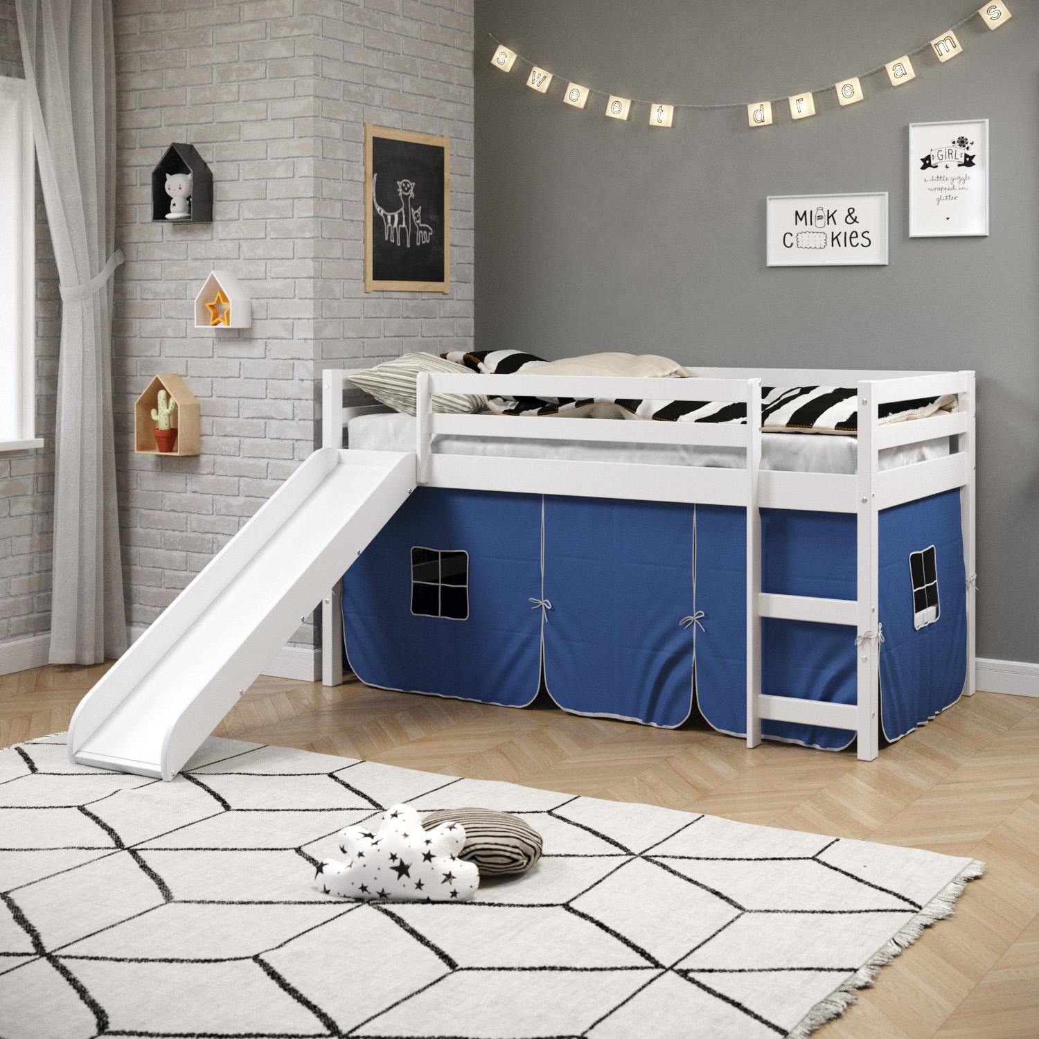 White Twin Junior Solid Pine Wood Loft Bed with Slide And Blue Tent