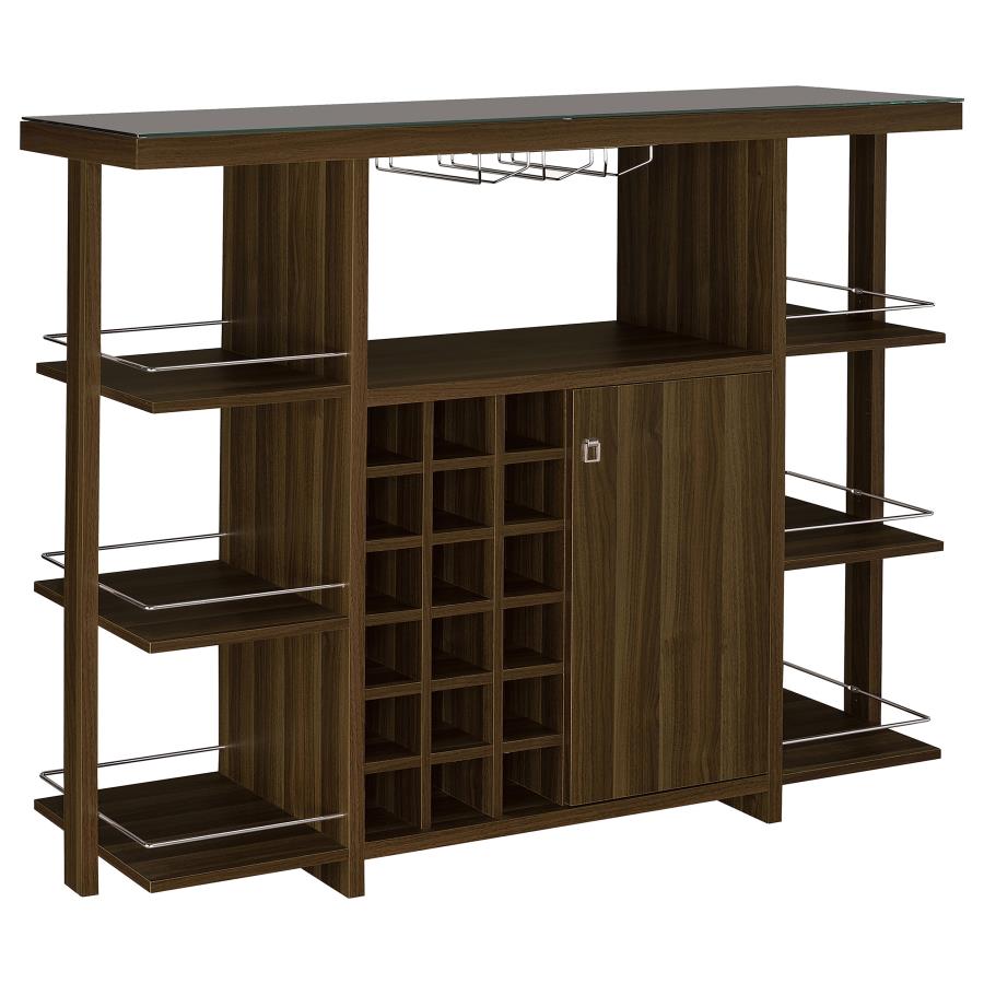 Coaster 3-Tier Bar Unit, 18 Bottle Wine Rack W / Stemware Rack Walnut Wood Glass