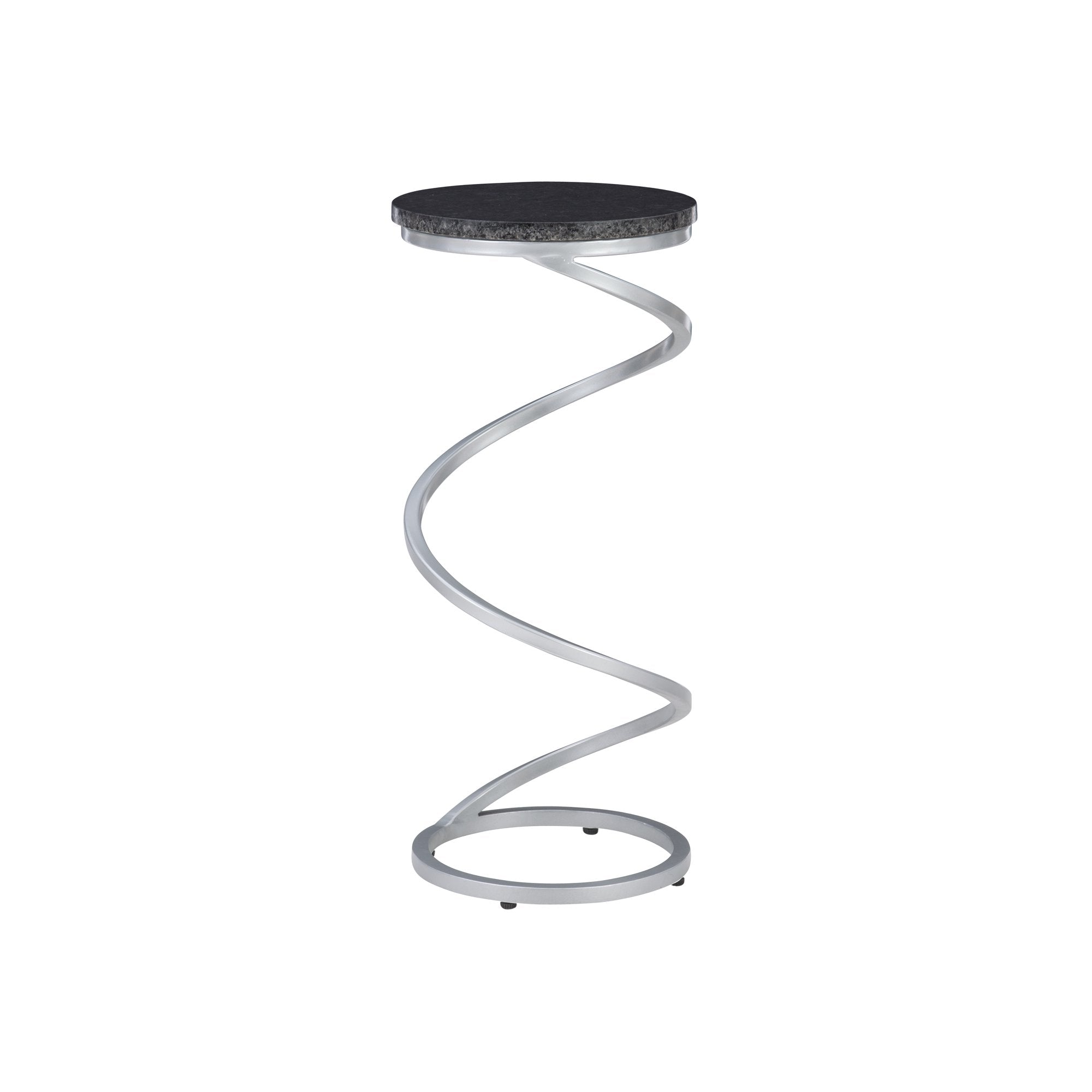 Modern Round Spiral Base Drink Table, Silver with Black Granite Top