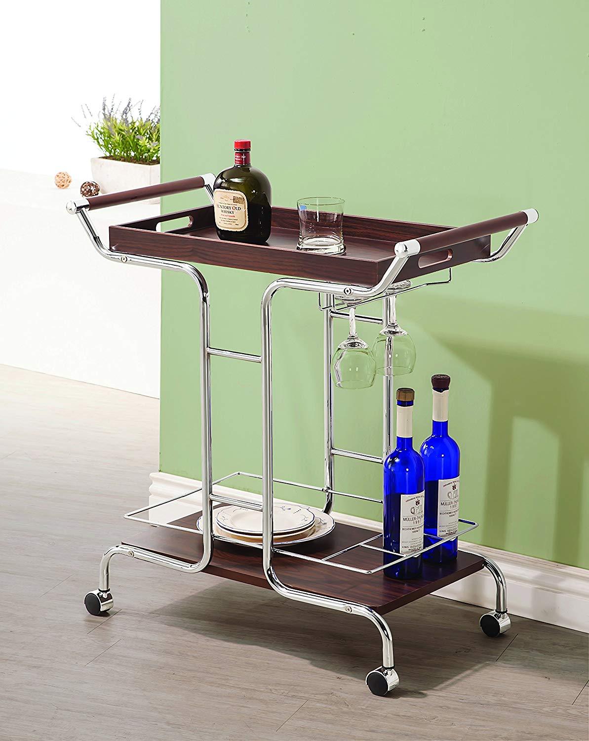 Transitional Serving Cart with Stemware Rack and Casters Walnut and Chrome