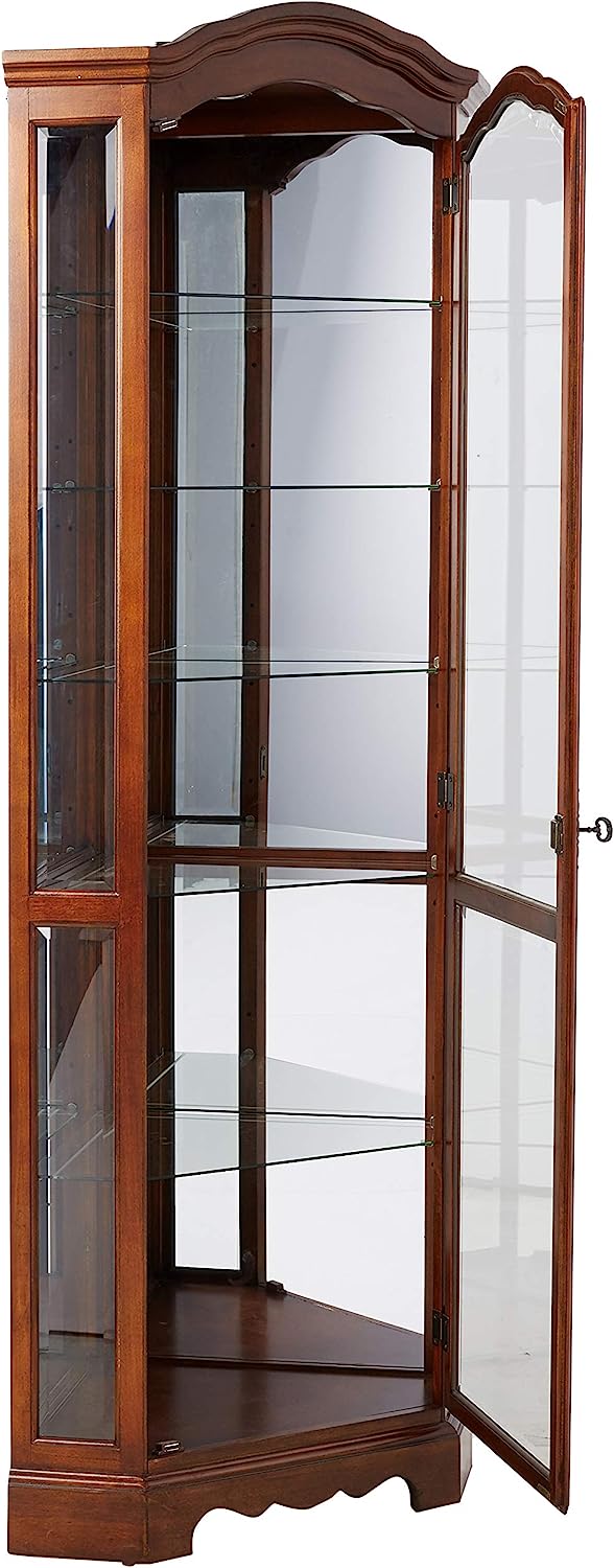 Traditional Lighted 5-Shelf Corner Curio Cabinet Medium Brown and Clear