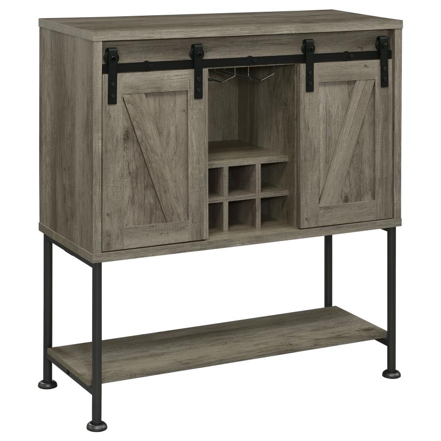 Coaster Country Rustic Farmhouse Sliding Barn Door Bar Cabinet Wine Storage Gray