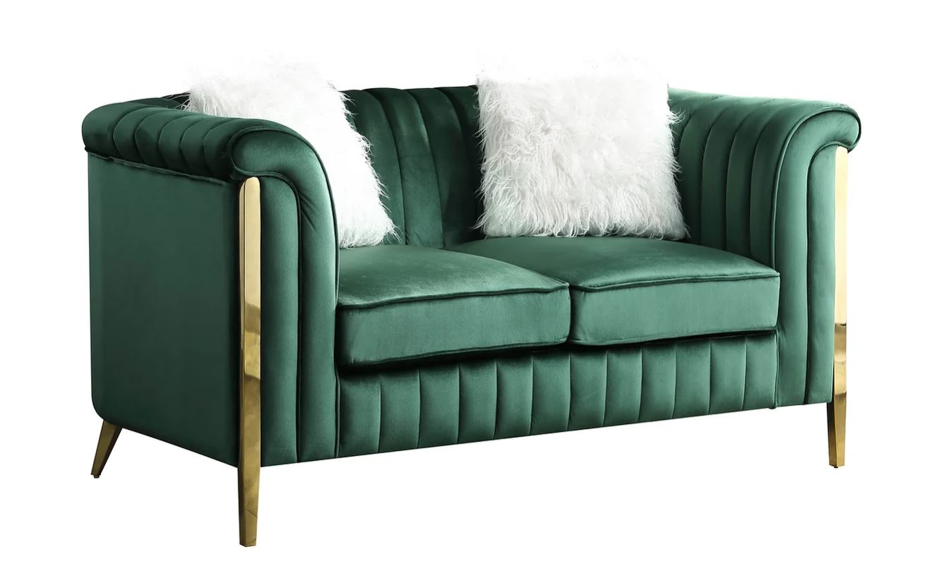 Fara Modern 2pc Sofa And love seat Living room set In Emerald Green Velvet