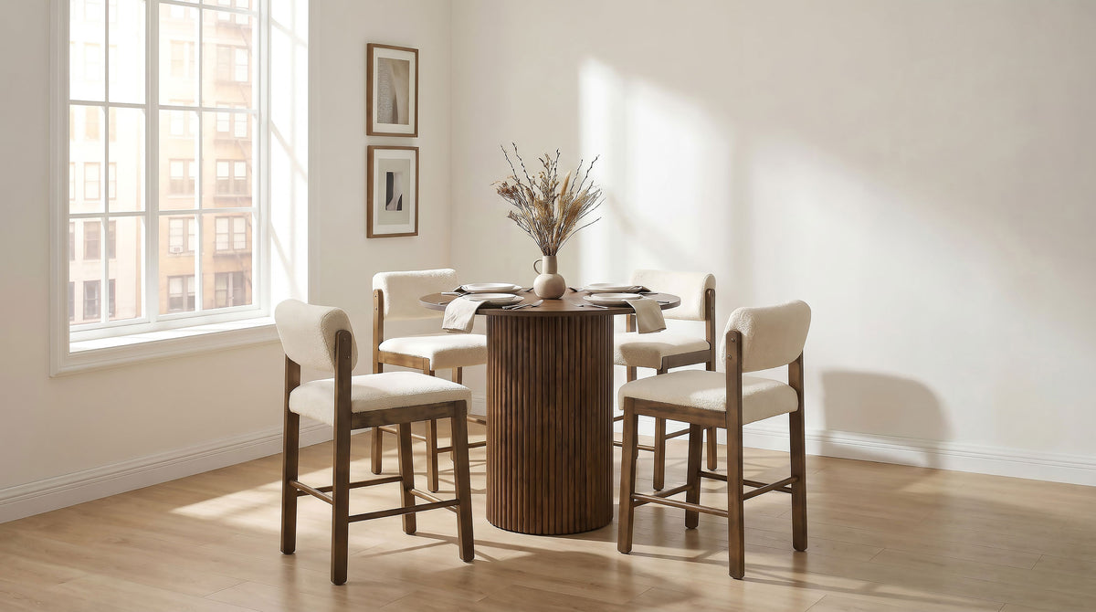Hamlyn 5-piece 43-inch Round Counter Height Dining Set with Cream Upholstered Counter Chairs Walnut