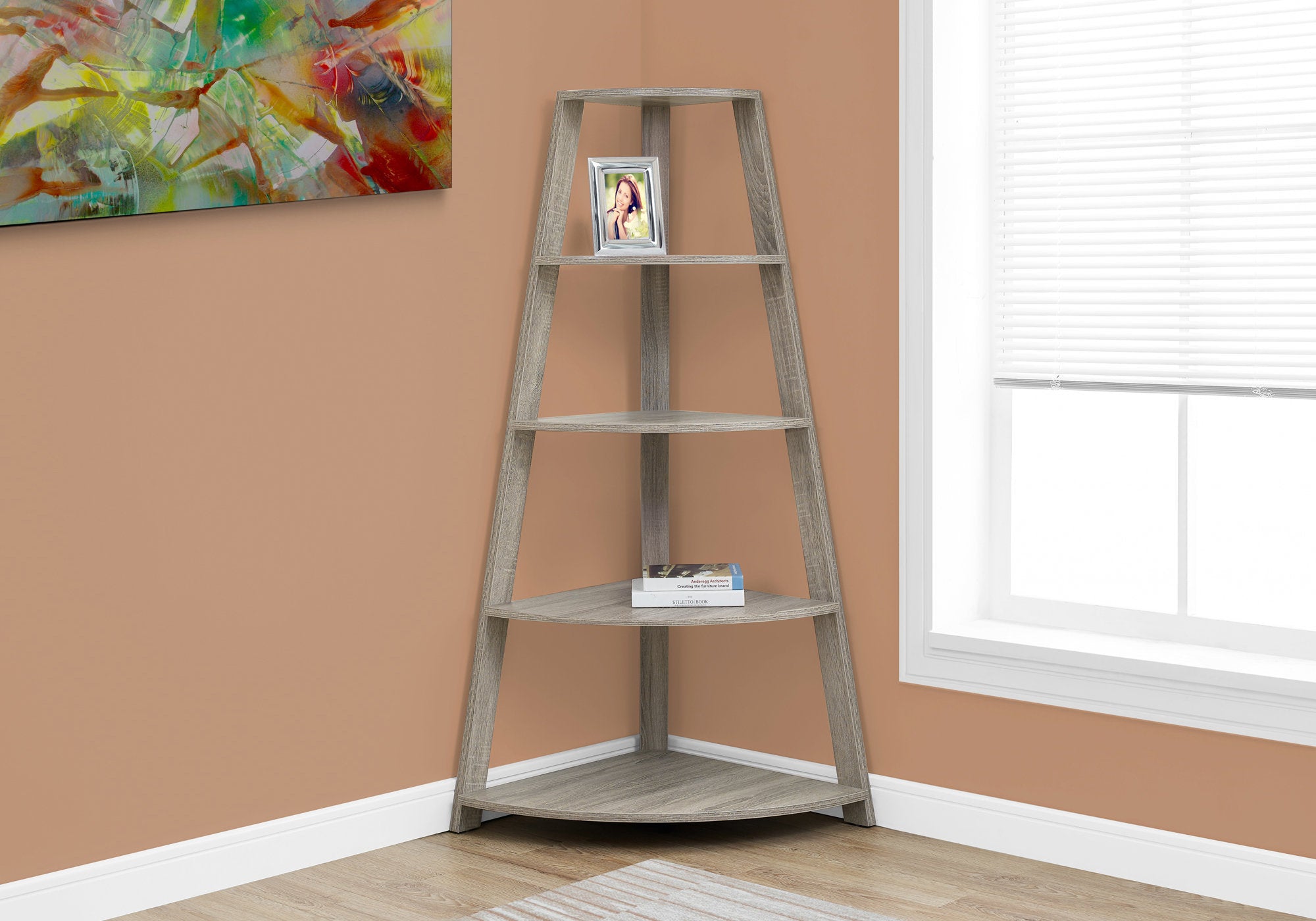 4 Shelf Corner Triangular Bookcase Shelf Etagere In Dark Taupe