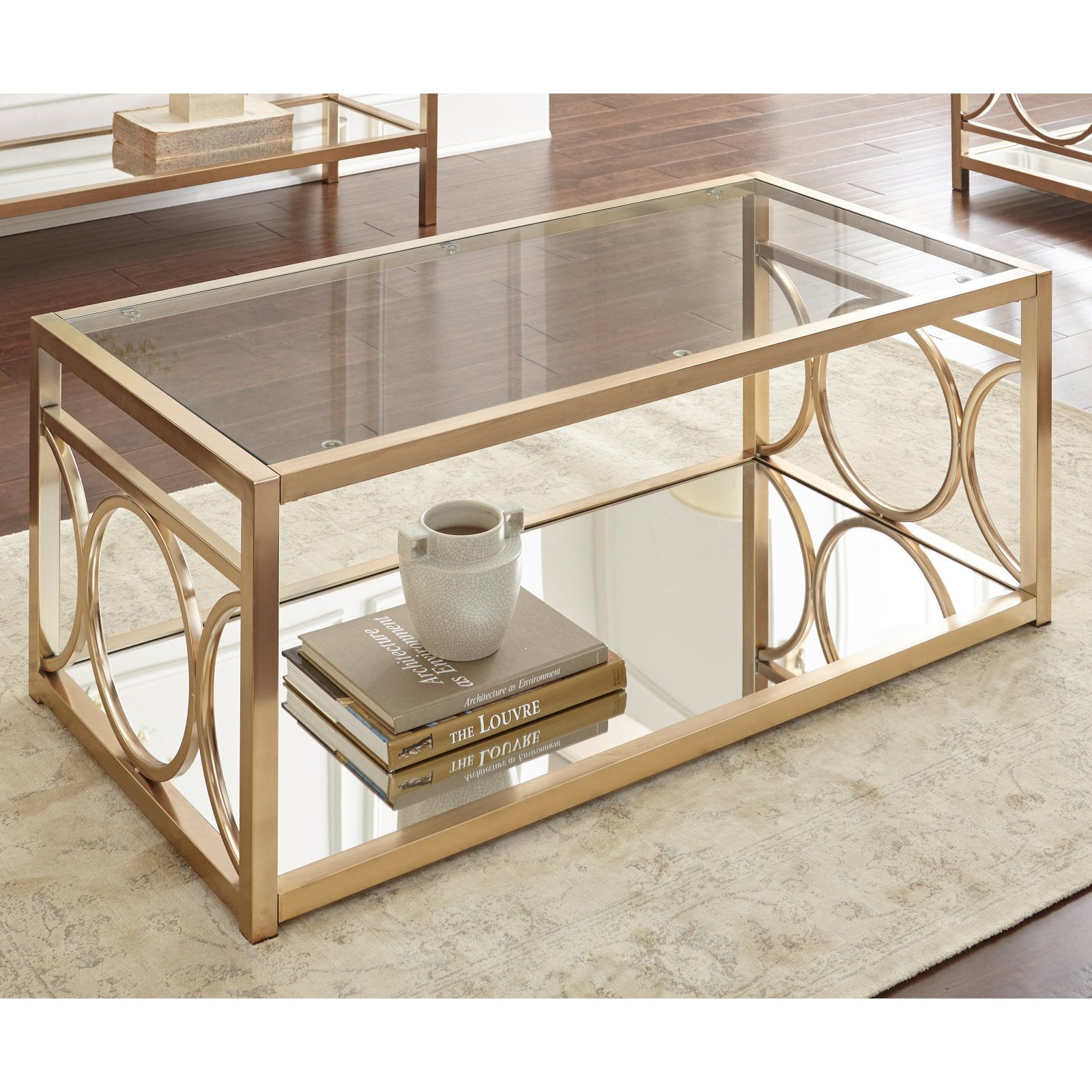 Olympia Gold Chrome Cocktail Table With Mirrored Shelf