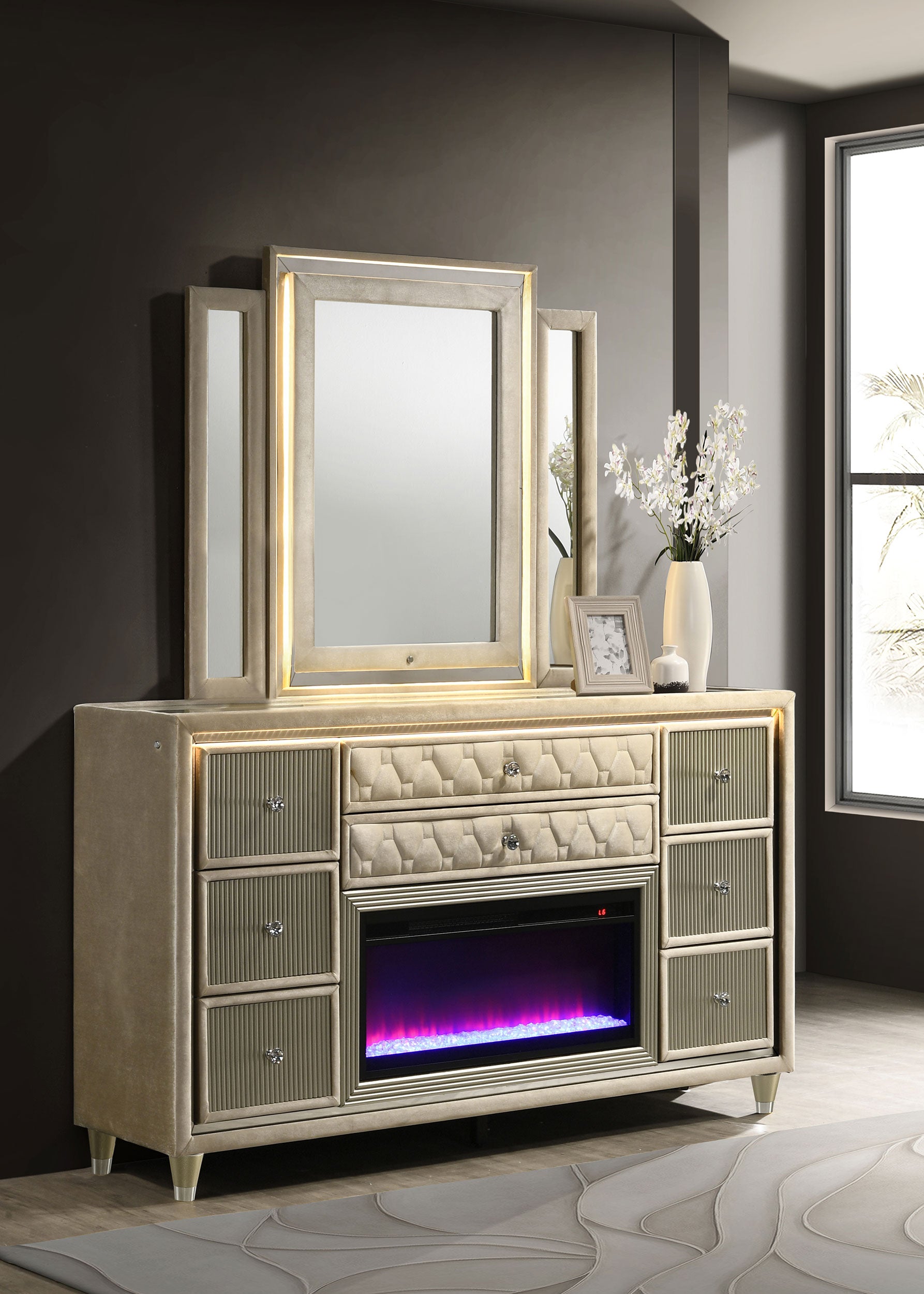Lorient LED Flame Box Dresser with Mirror