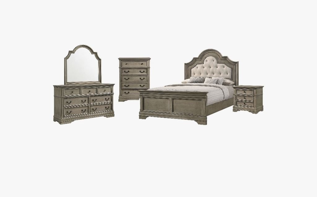 Manchester 5 PC King Bedroom Set with Upholstered Arched Headboard in Wheat