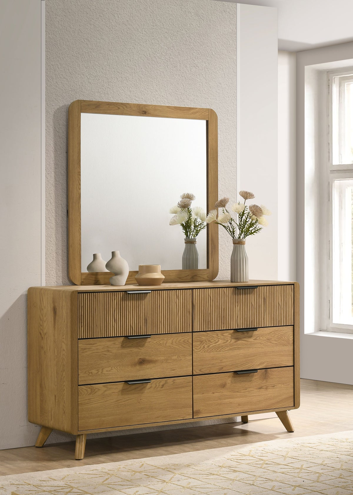 Bennett 6-drawer Dresser with Mirror Light Oak