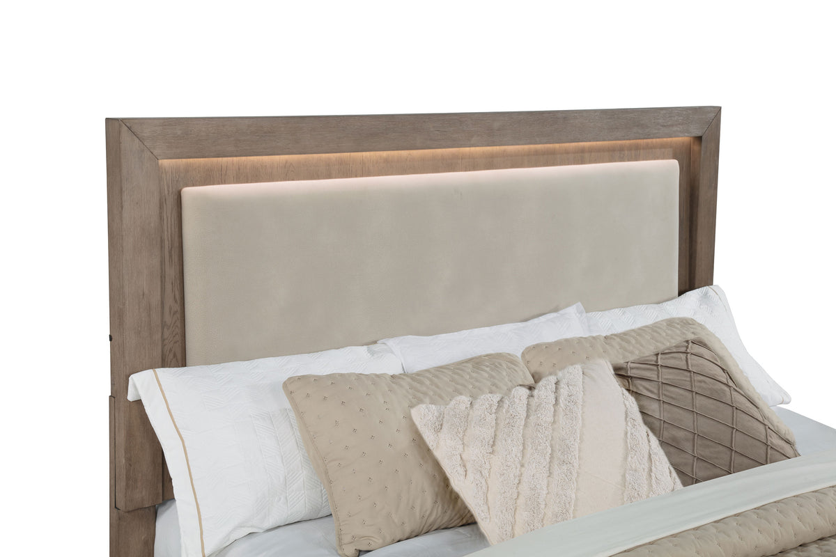 Kenora LED Storage Bed with Upholstered Headboard Eastern King Barley Brown and Beige