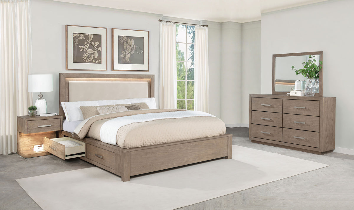 Kenora 4-piece Queen LED Storage Bedroom Set Barley Brown