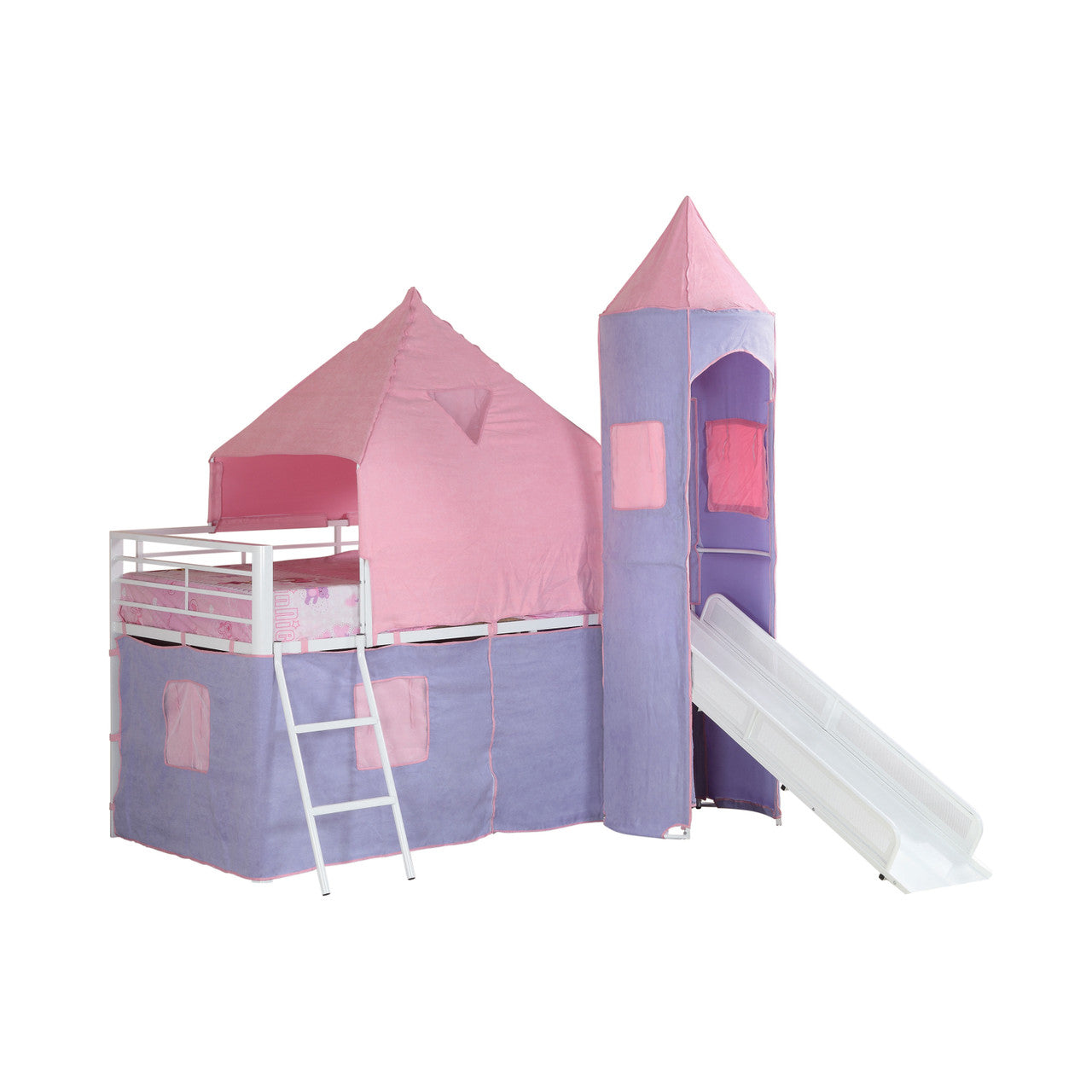 Princess Castle Twin Tent Loft Bed With Slide in Pink and Perwinkle