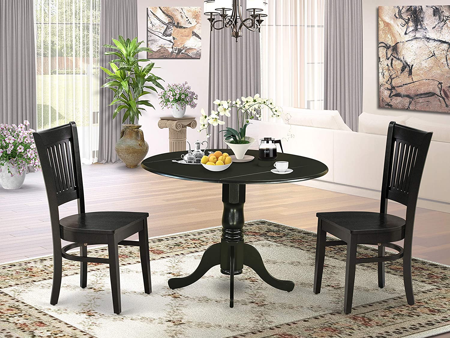 DLVA3-BLK-W 3 PC Black Round Dining 42" Dropleaf Table & 2 Wooden Seat Chairs