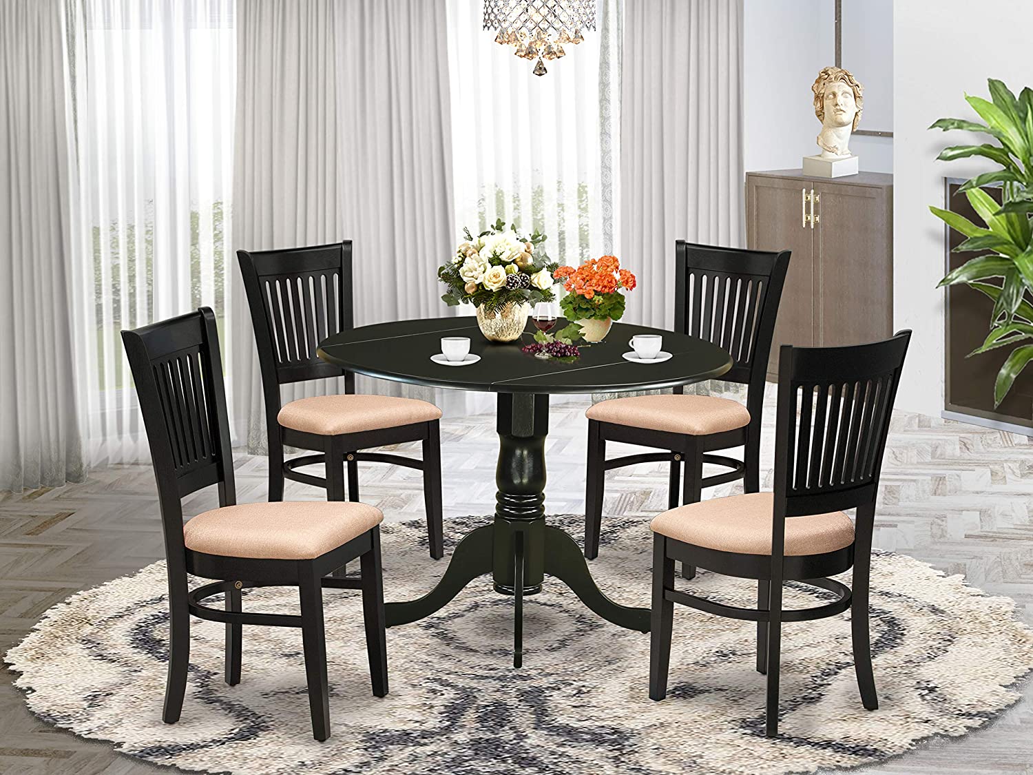 DLVA5-BLK-C Black Round Dining 42" Dropleaf Table & 4 Linen Fabric Upholstered Chairs