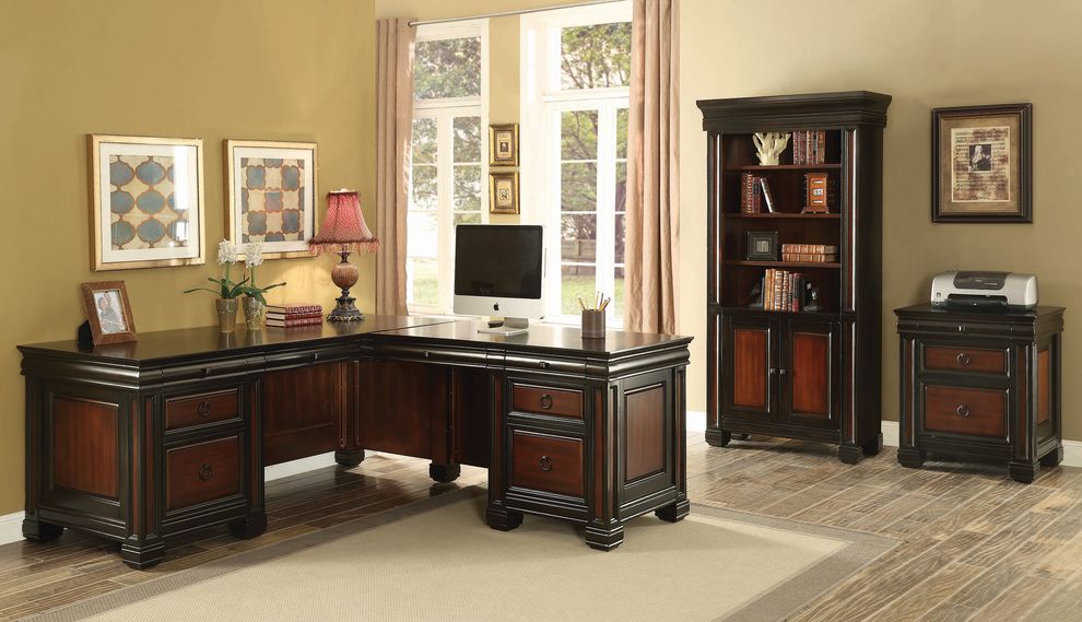 2-Tone Tate 3 Pc Double Pedestal L Shaped Office Executive Desk In Brown