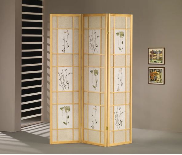 3 Panel Square Floral Design Room Divider in Natural
