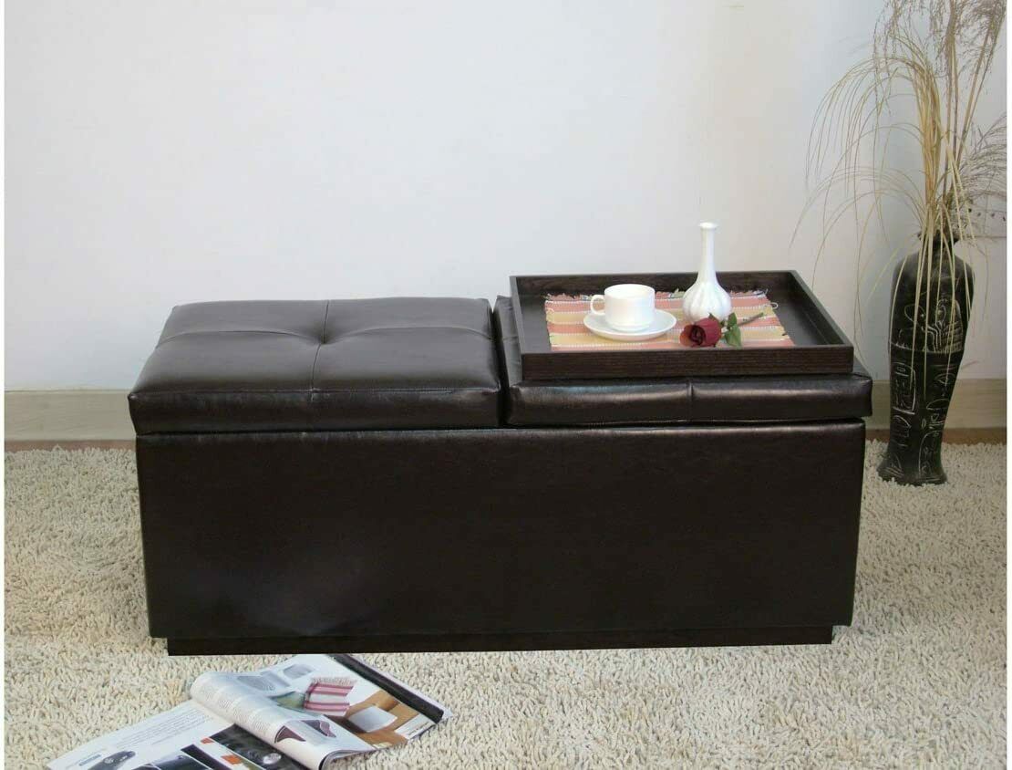 Marin Upholstered Tufted Storage Ottoman with Two Trays in Brown