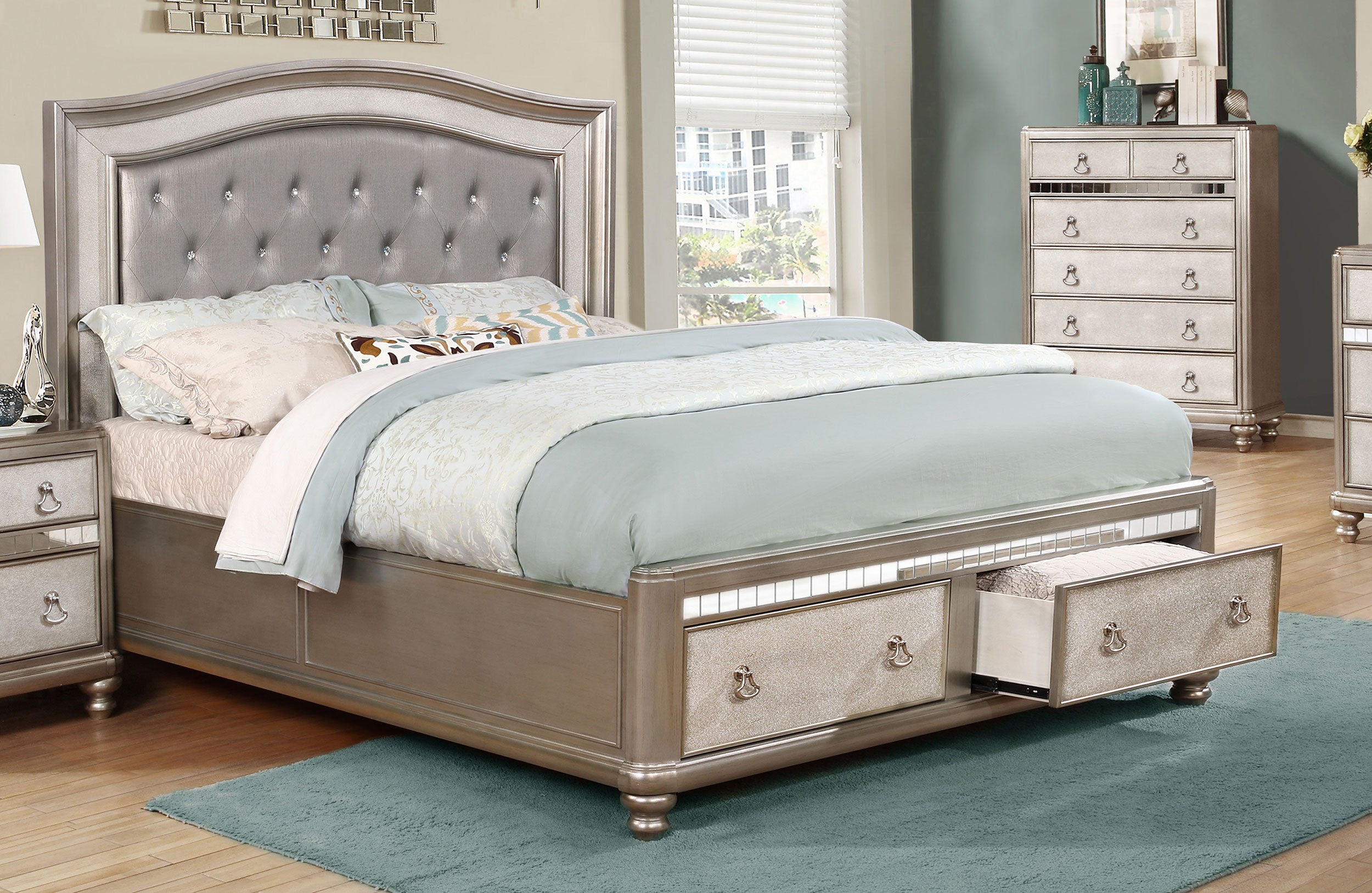 Upholstered Bling Game Queen Bed With Storage In Metallic Platinum