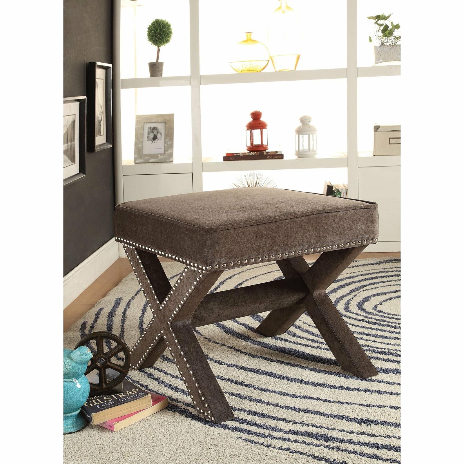 X Leg Ottoman w/ Upholstered Legs & Decorative Nailheads in Ash Finish