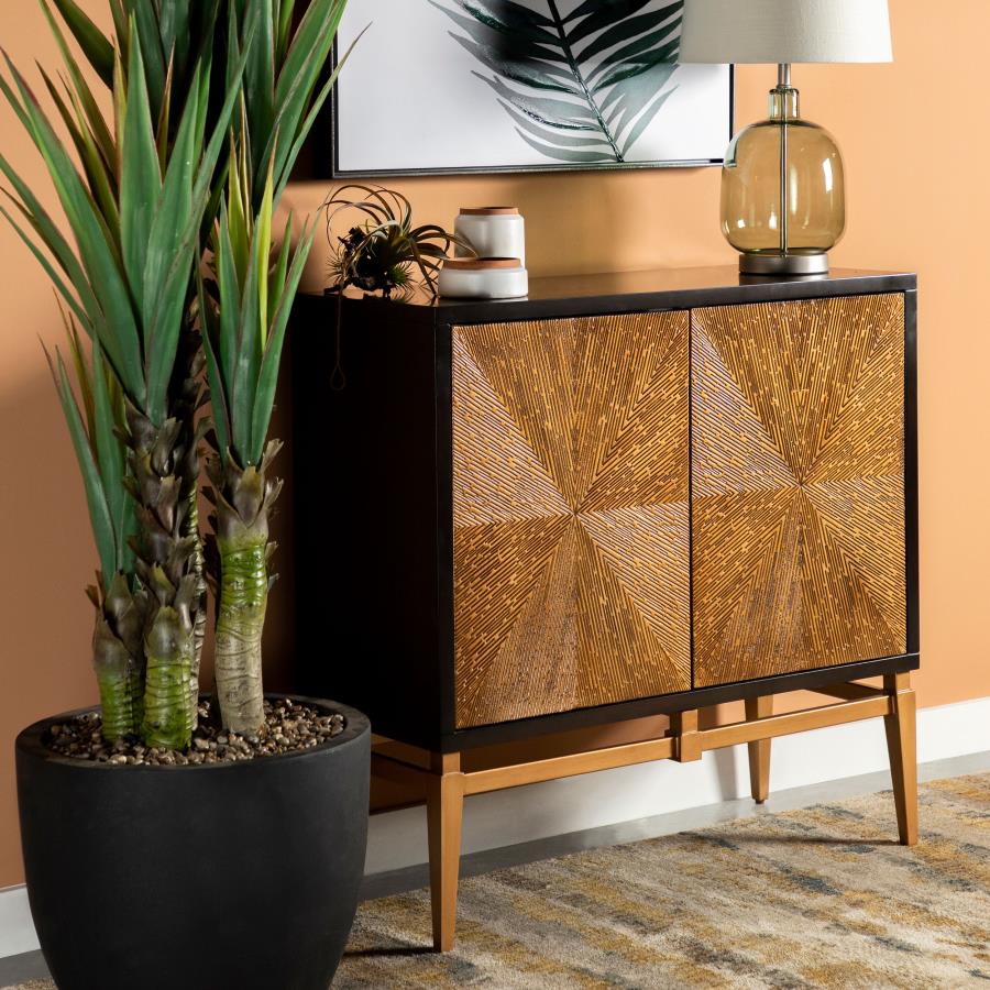 Zira Sunburst 2-door Wood Parquet Storage Accent Cabinet Brown and Antique Gold