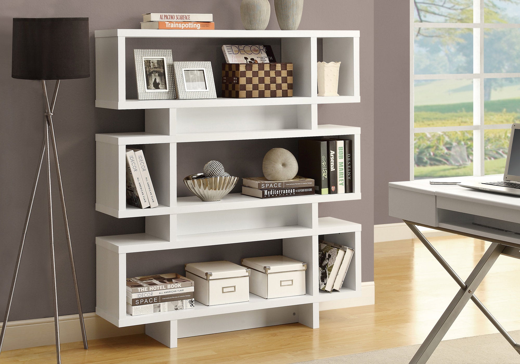 55" H 4 Tier Geomatrical Bookshelf Bookcase Etagere in White