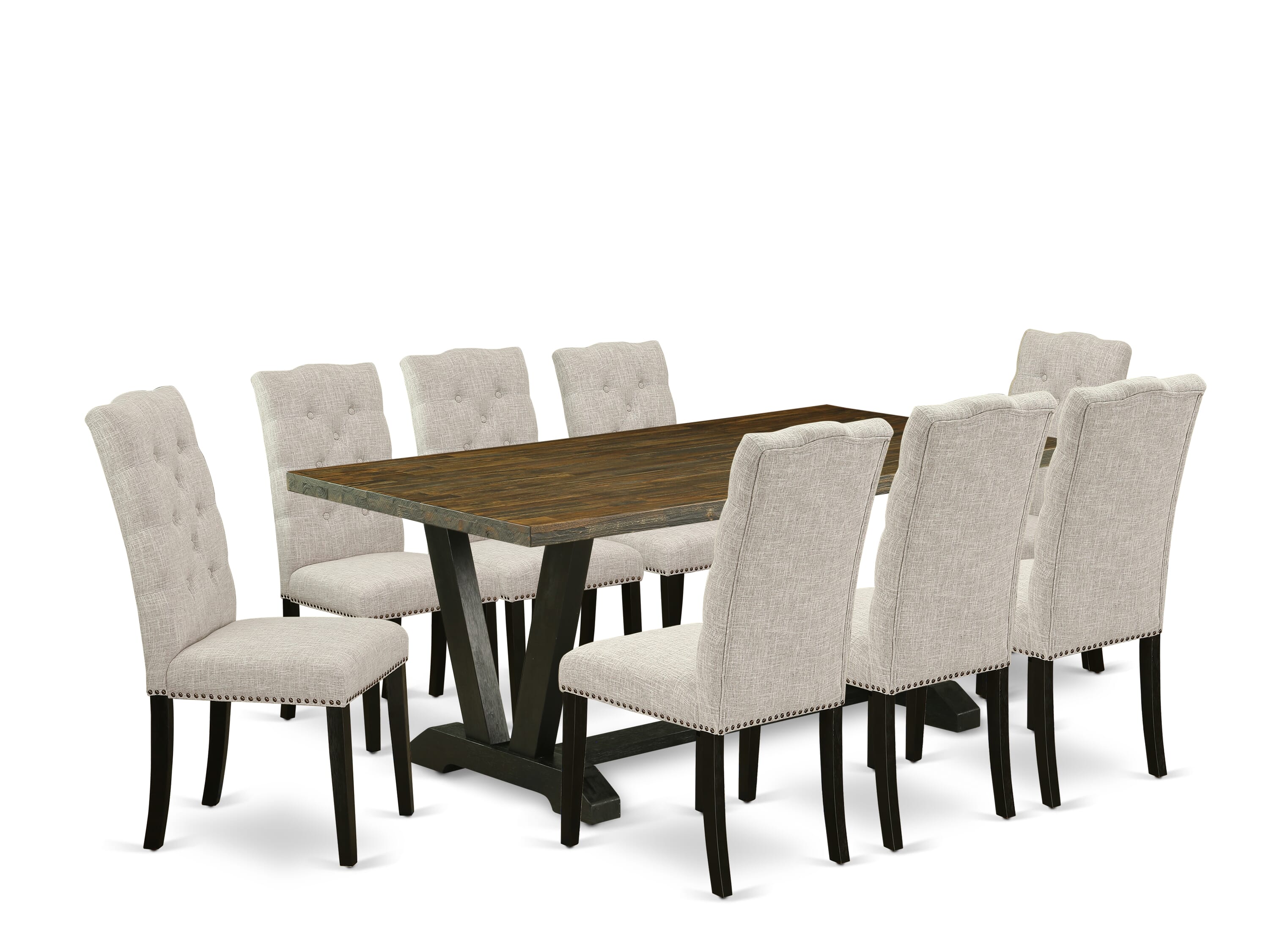 9 PC V-Style Rectangle Dining Table & Parson Chairs in Disressed Black/Jacobean
