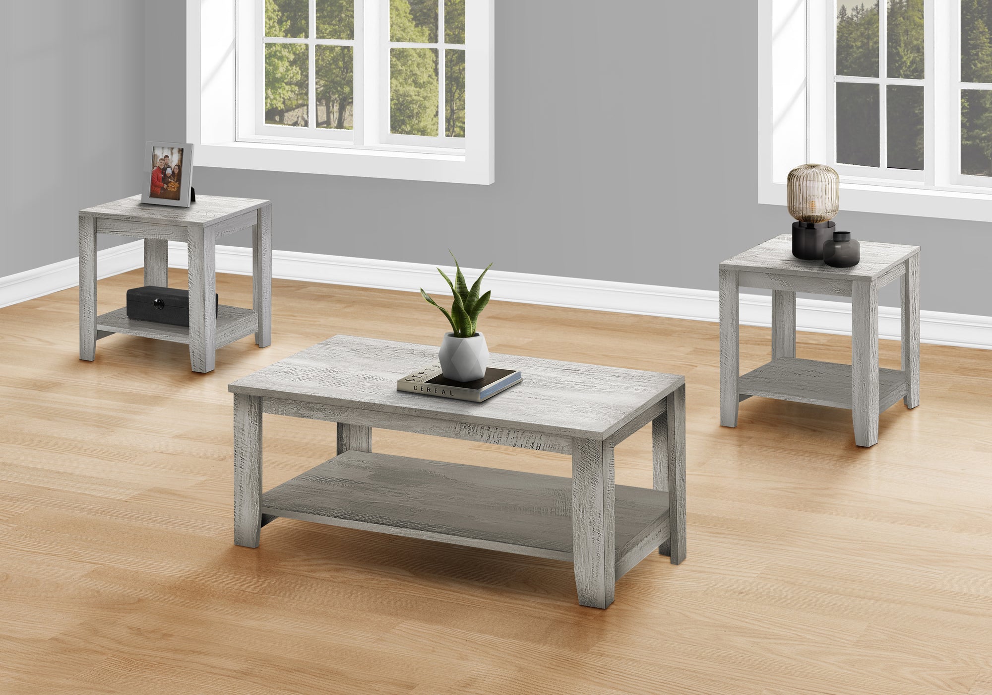 Rustic 3PC Coffee And End table set With Shelf In Industrial Gray Finish