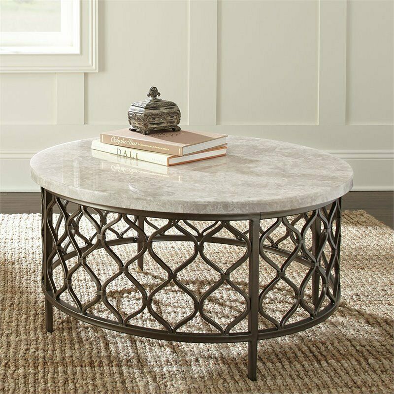 Steve Silver Roland Round White Stone Top with Bronze Metal Base Cocktail Table