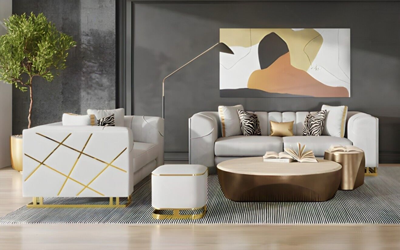 Elijah 2 Pc Modern Velvet Living room Sofa and Love Seat in off White And Gold