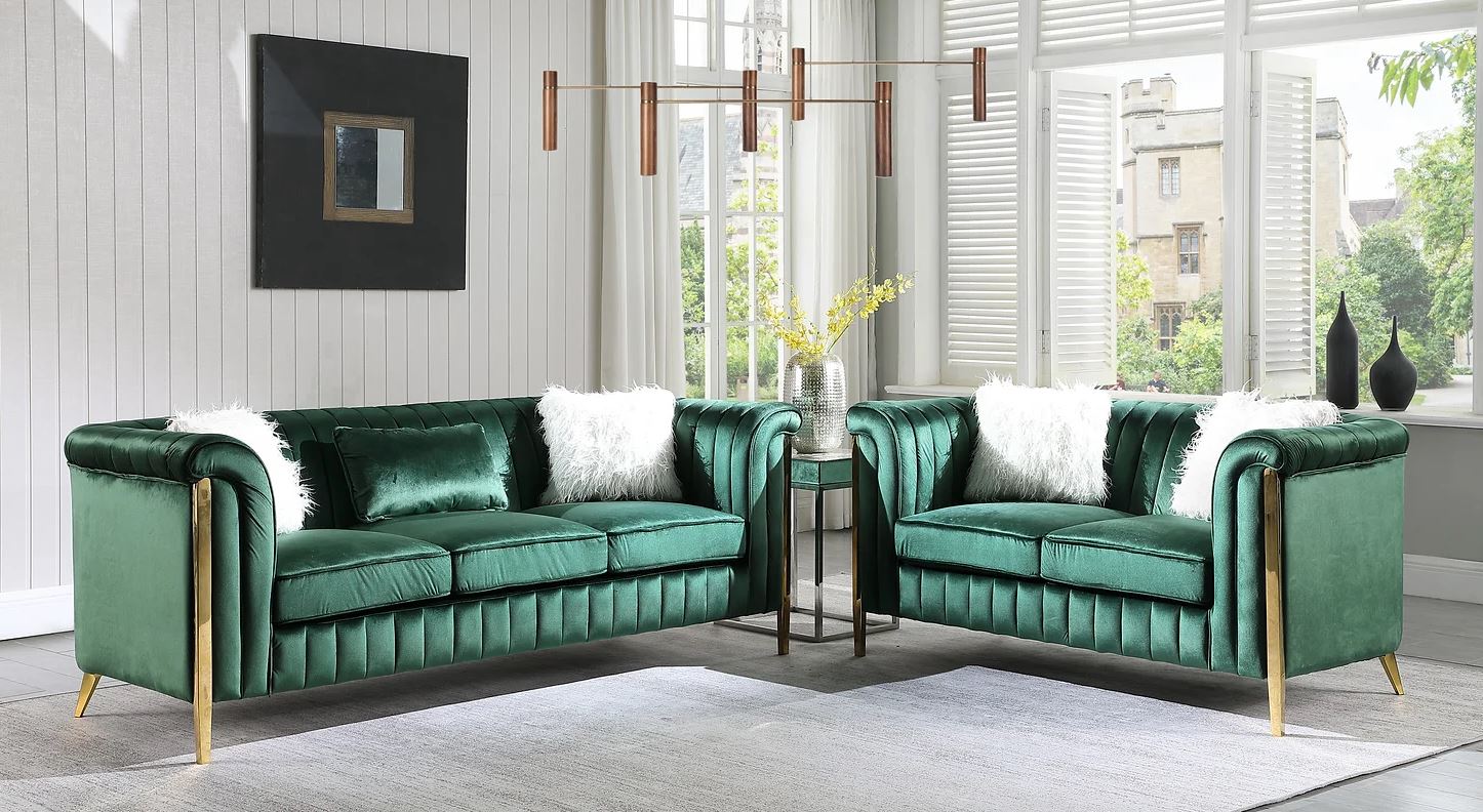 Fara Modern 2pc Sofa And love seat Living room set In Emerald Green Velvet