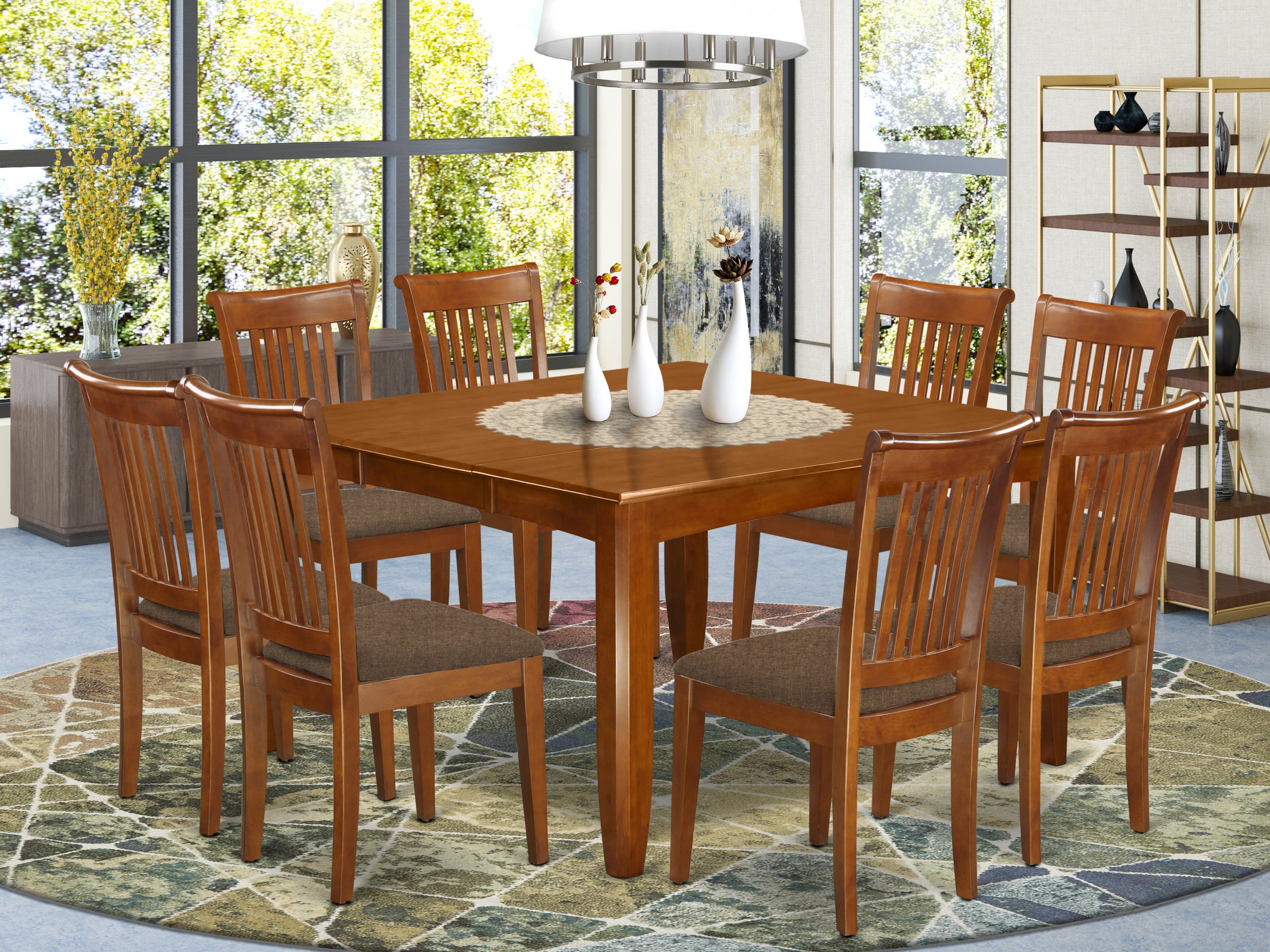 PFPO9-SBR-C 9 Pc Dining room set-Table with Leaf and 8 Kitchen Chairs.