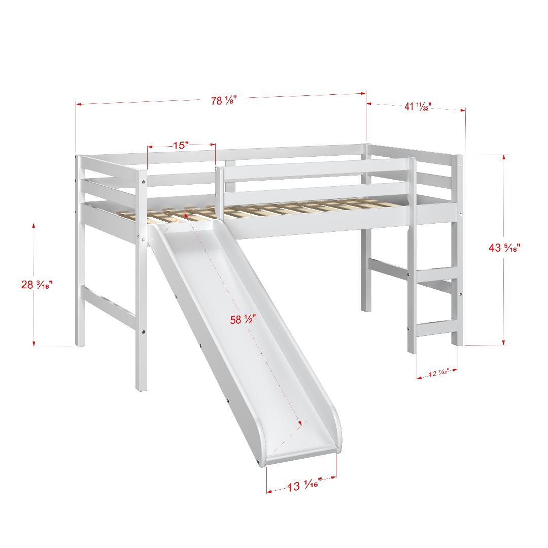 White Twin Junior Solid Pine Wood Loft Bed with Slide And Blue Tent
