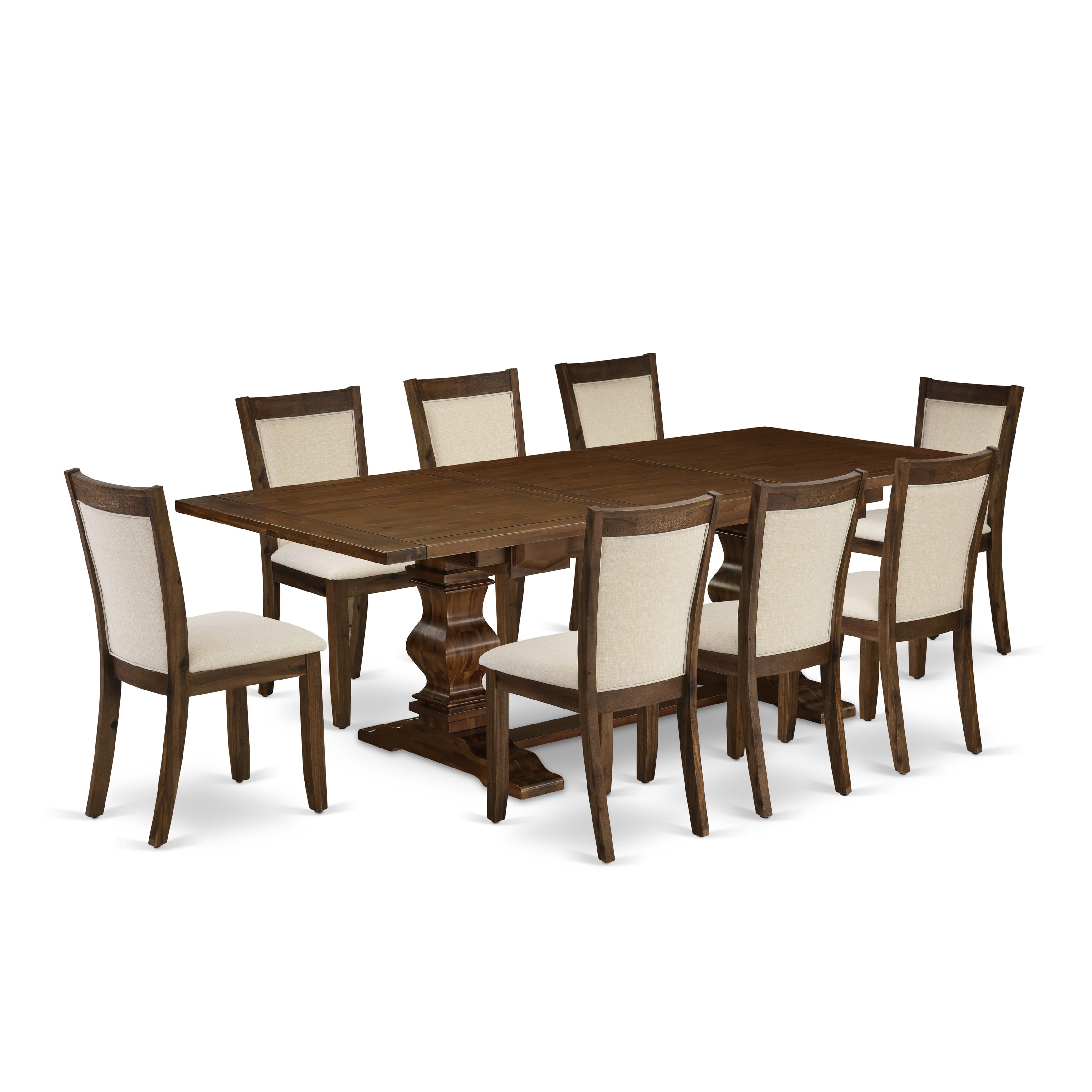 Rustic 9 PC Formal Dining Room Double Pedestal Table and Linen Chairs In Walnut