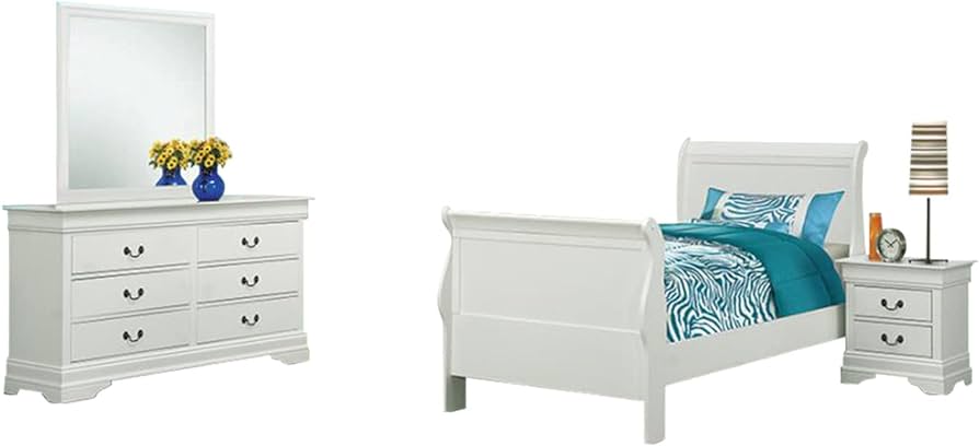 Louis Philippe 4-Piece Wood Twin Sleigh Bedroom Set in White