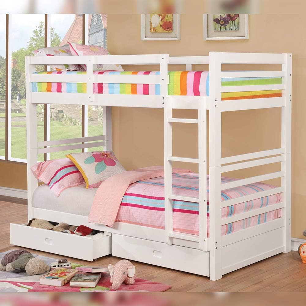 California Twin Over Twin Bunk Bed With Drawers In White
