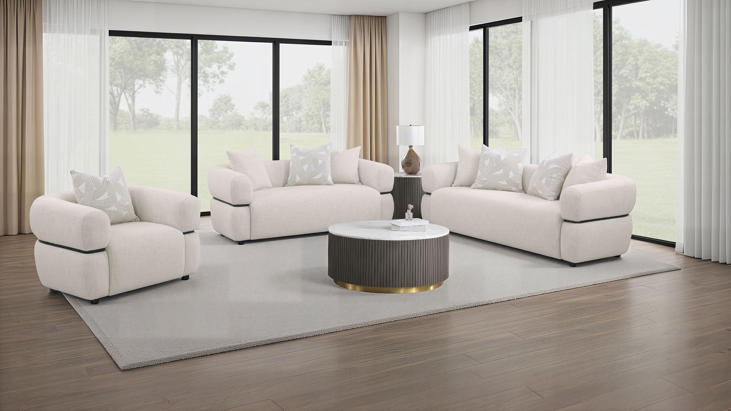 Jeanette 3-piece Fabric Upholstered Round Arm Sofa Set In Beige