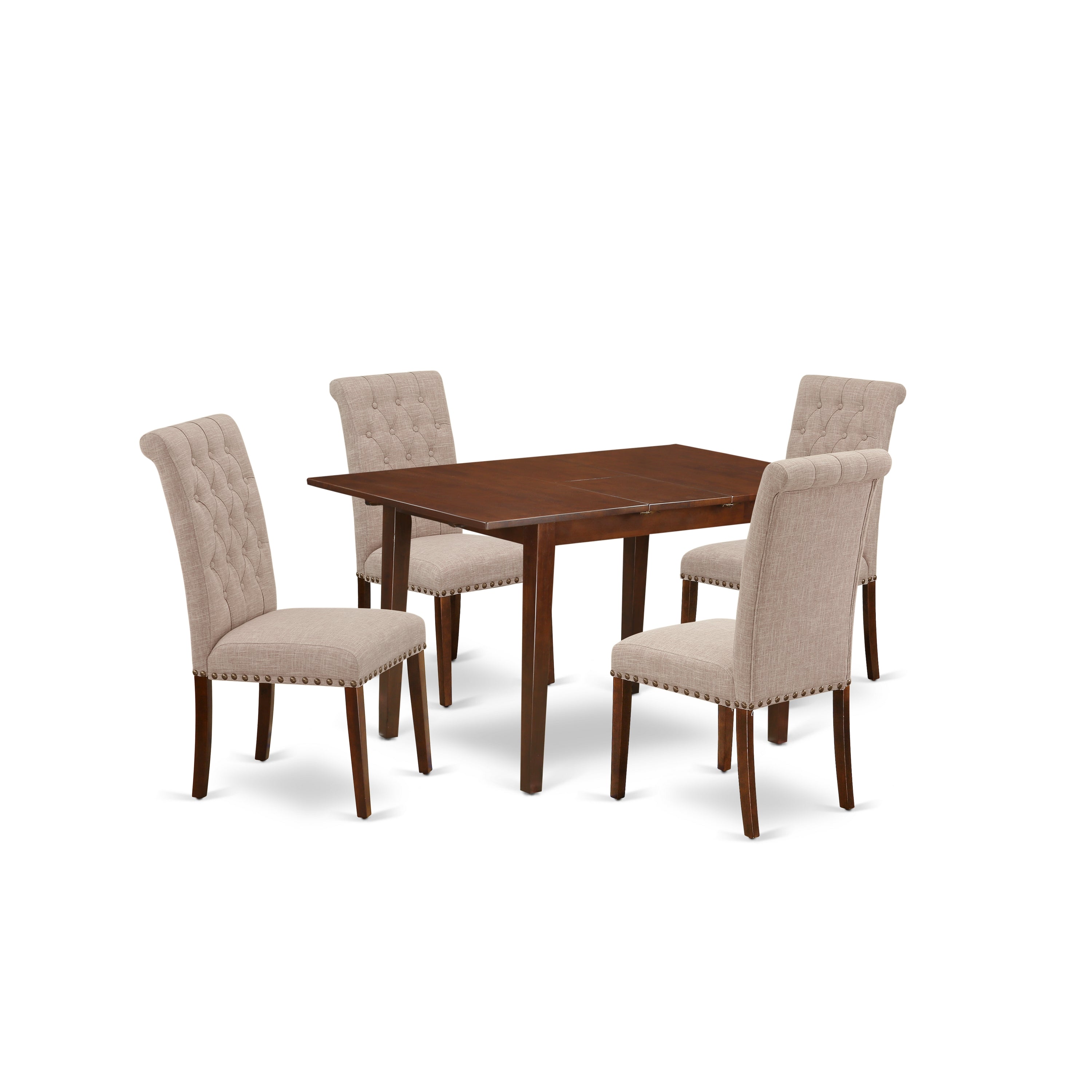 NOBR5-MAH-04 5Pc Dining Set Includes a Rectangle Dinette Table with Butterfly Leaf and Four Parson Chairs with Light Fawn Fabric, Mahogany Finish