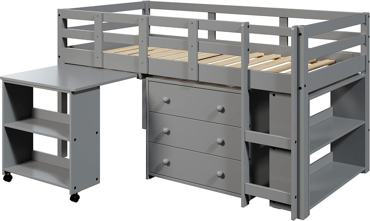 Grey Solid Wood Twin Kids Low Loft Bed Frame with Rolling Desk, Drawers and Shelves