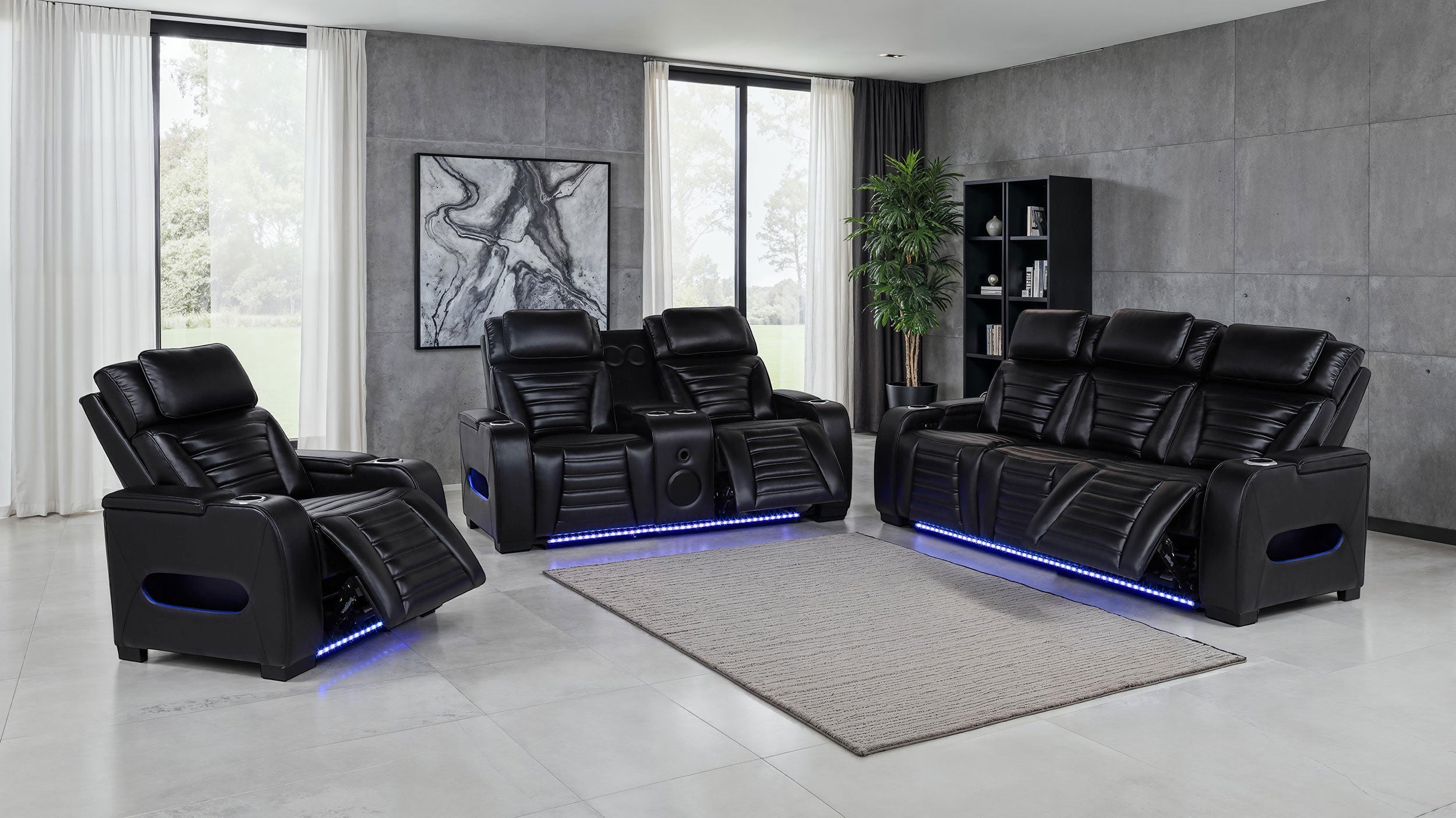 Zuma 3-piece Faux Leather Dual Power LED Sofa Set In Black