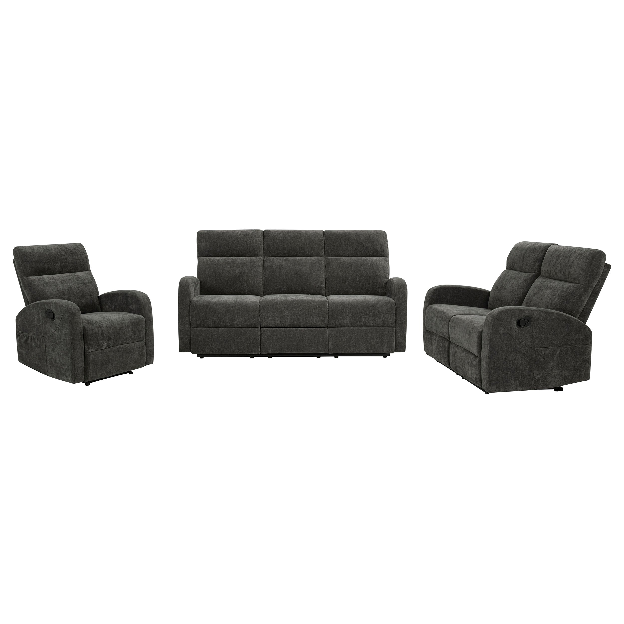 Hamilton 3-piece Chenille Manual Reclining Sofa Set Charcoal Grey