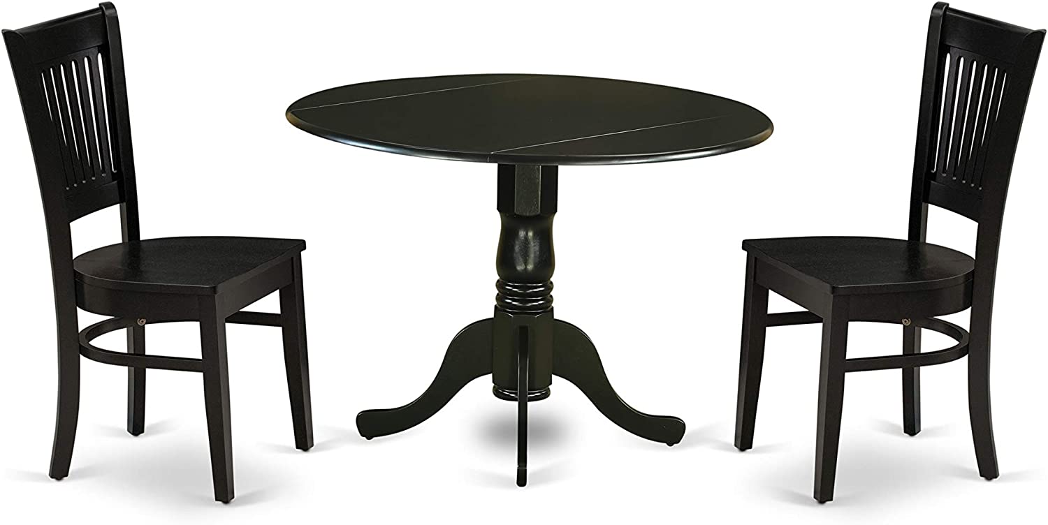 DLVA3-BLK-W 3 PC Black Round Dining 42" Dropleaf Table & 2 Wooden Seat Chairs
