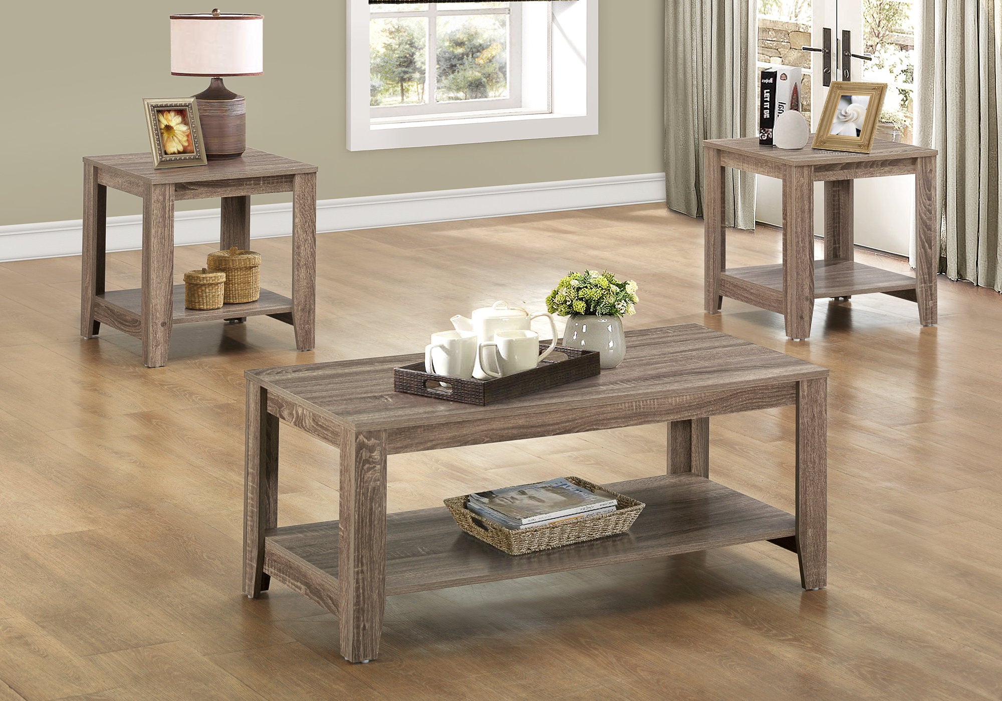 Transitional 3 PC Coffee End table Set with Shelf in Dark Taupe