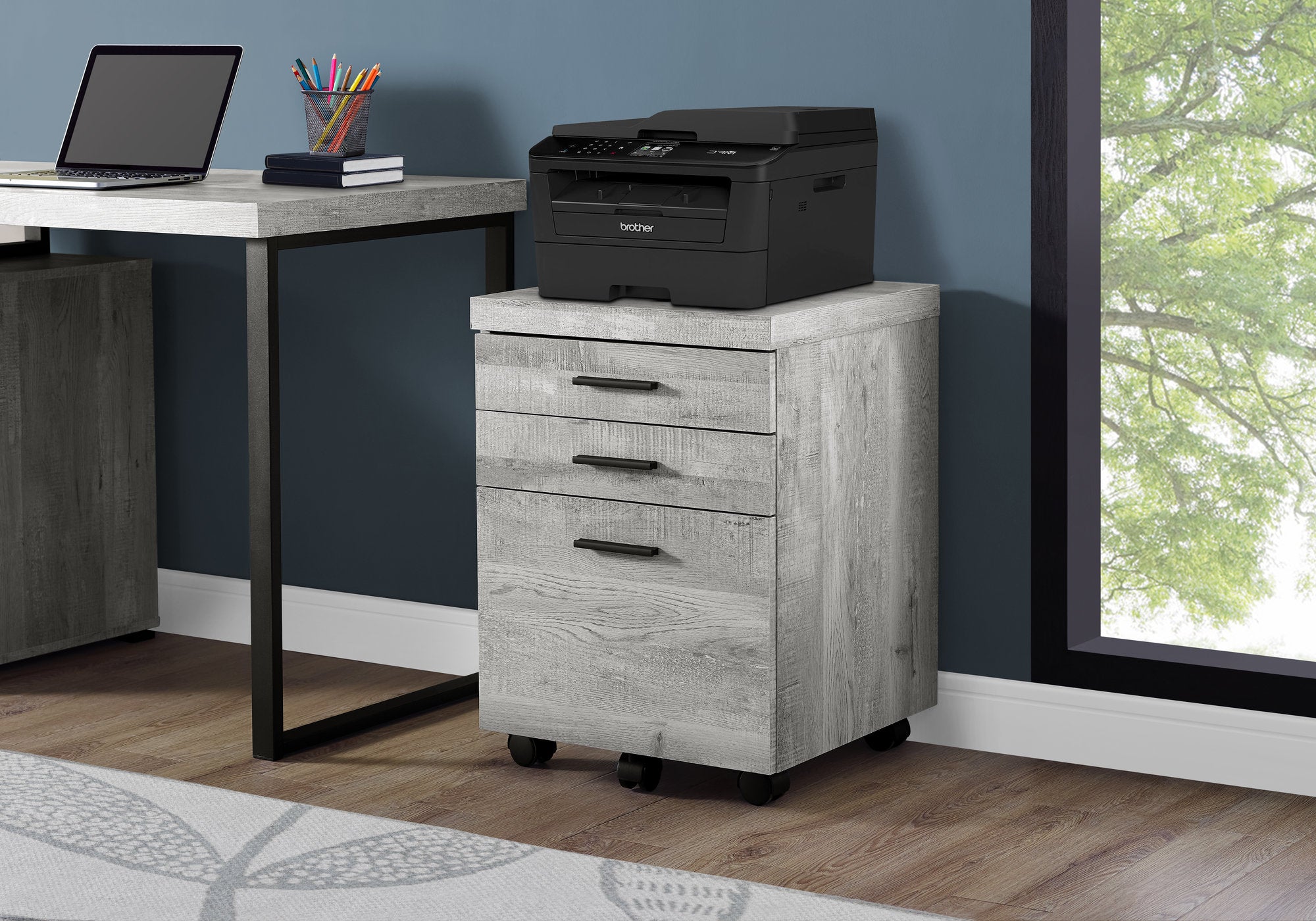 Rolling Mobile File Cabinet Printer Stand with Drawers in Reclaimed Gray